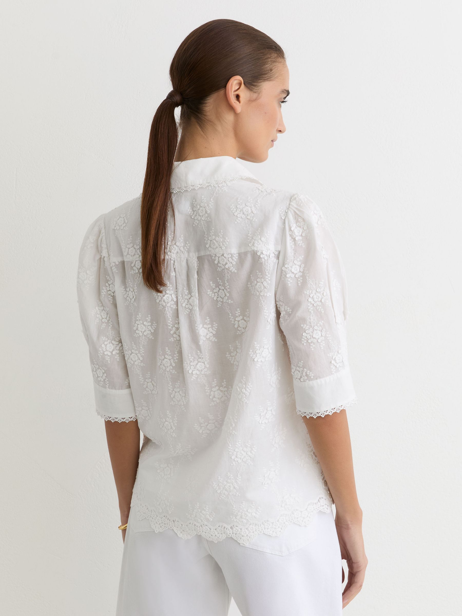 Cotton Floral-Embroidered Shirt in Ivory - Image 5 of 6