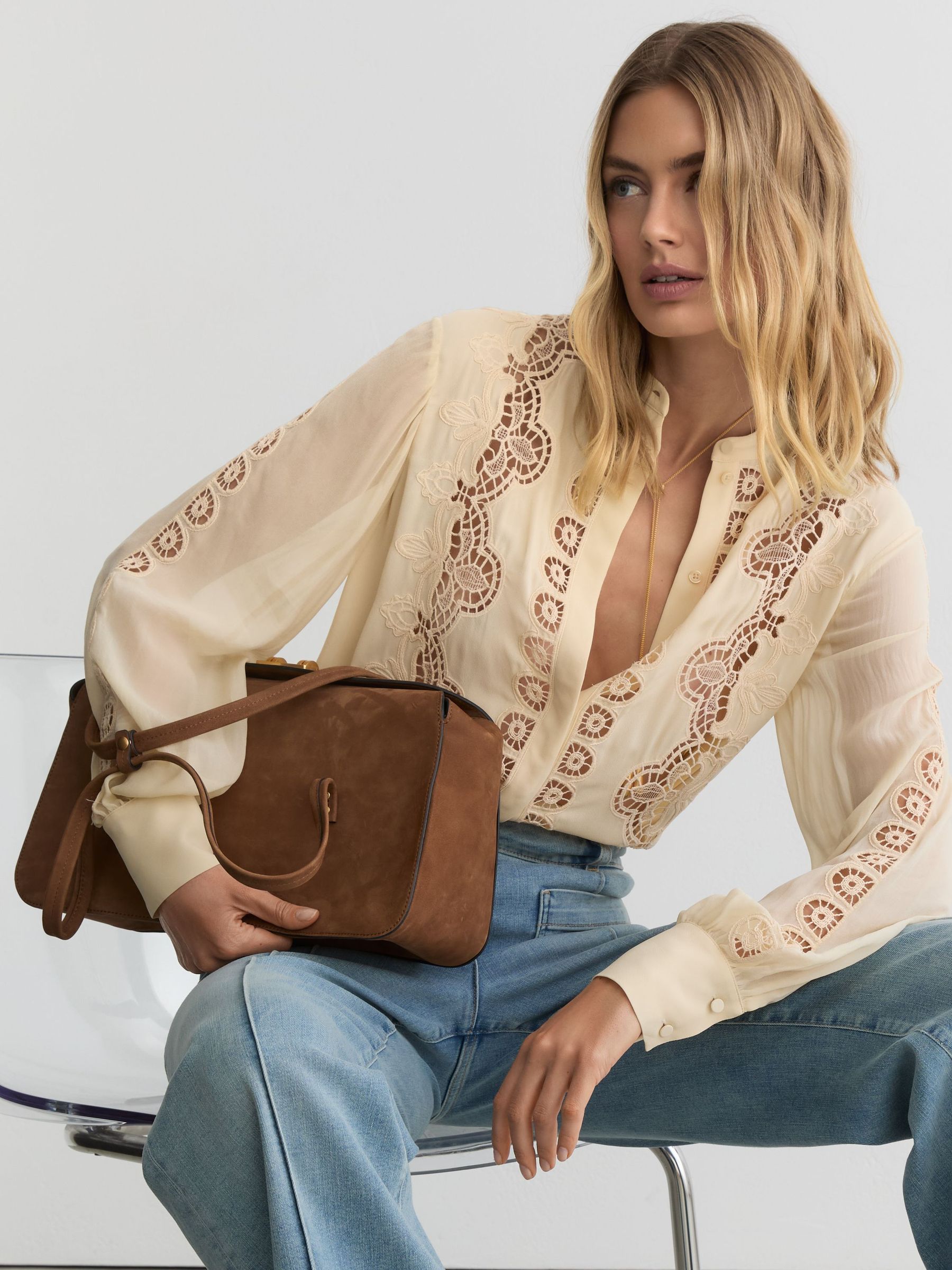 Cutwork-Embroidery Sheer-Sleeve Blouse in Pale Yellow - image 3