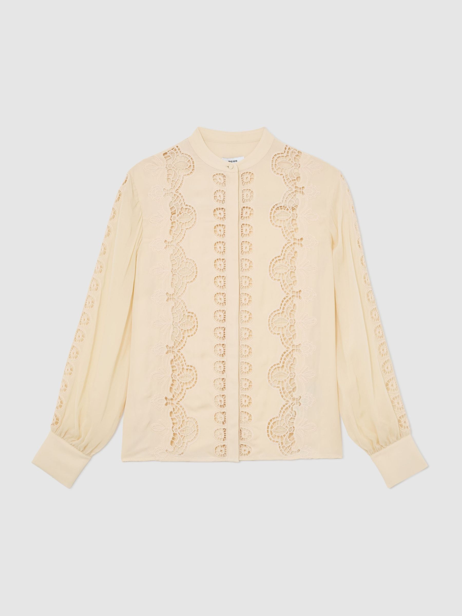 Cutwork-Embroidery Sheer-Sleeve Blouse in Pale Yellow