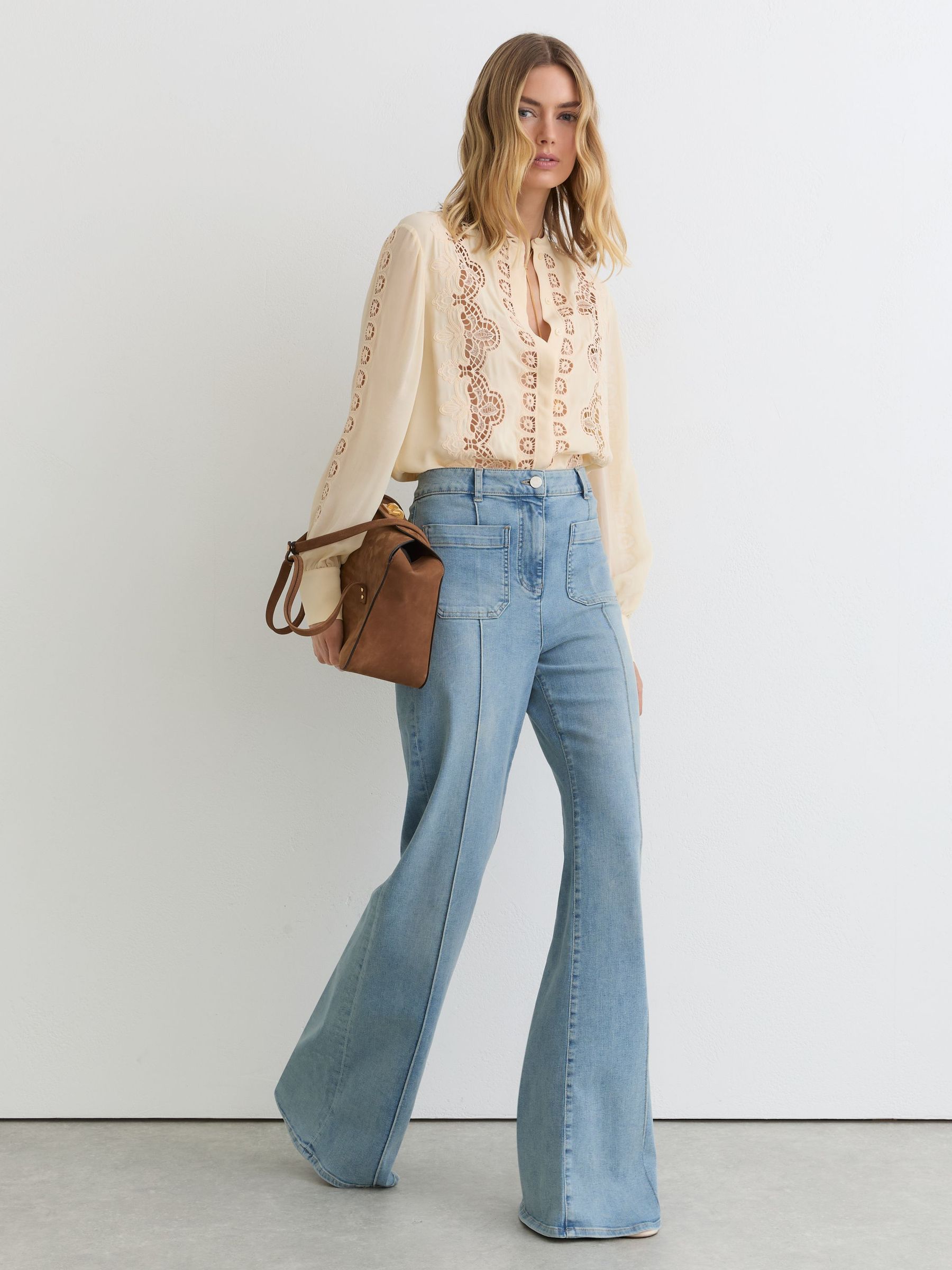 Cutwork-Embroidery Sheer-Sleeve Blouse in Pale Yellow - image 4