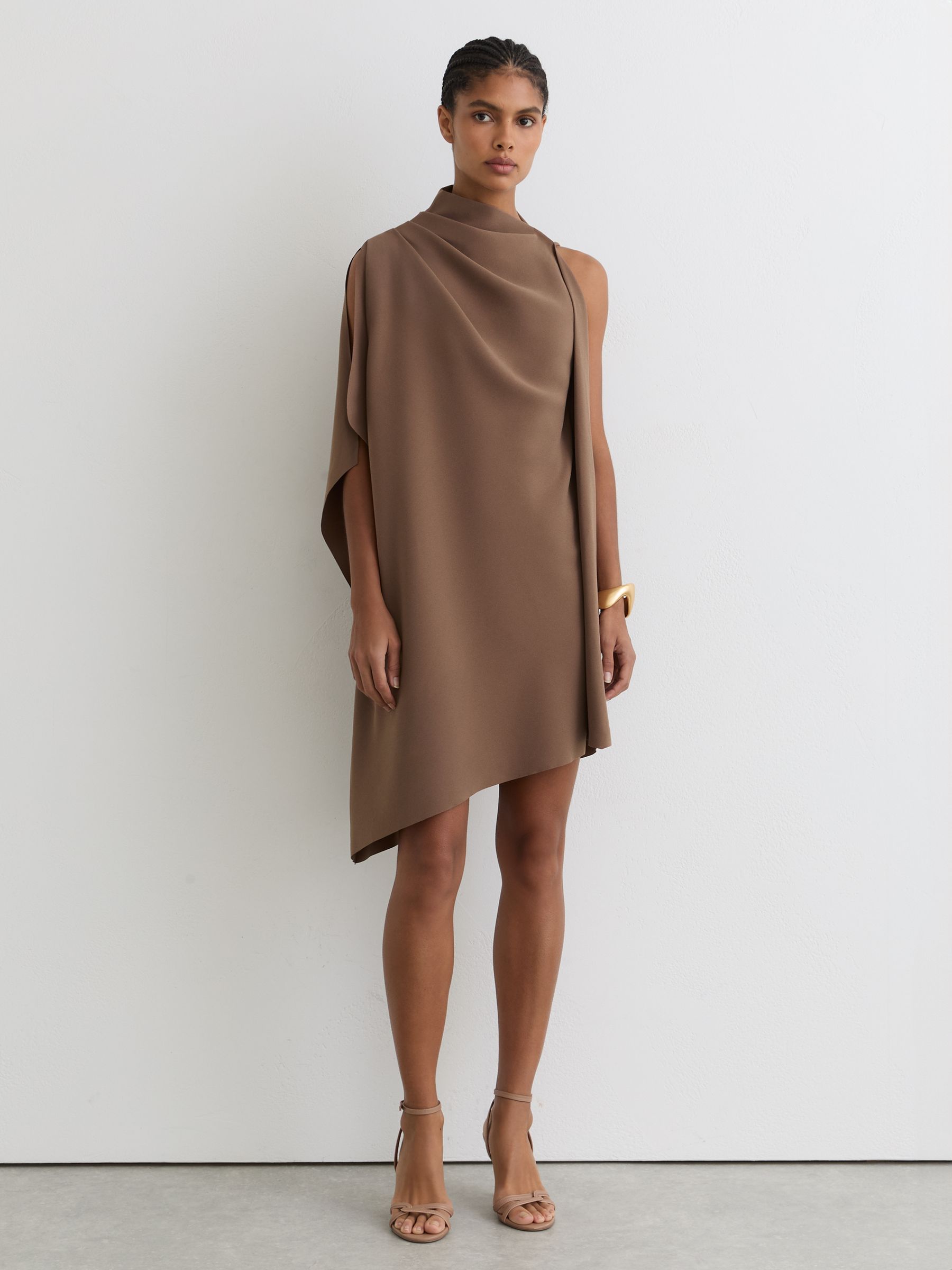 One-Shoulder Draped Mini Dress in Taupe Brown - image 2