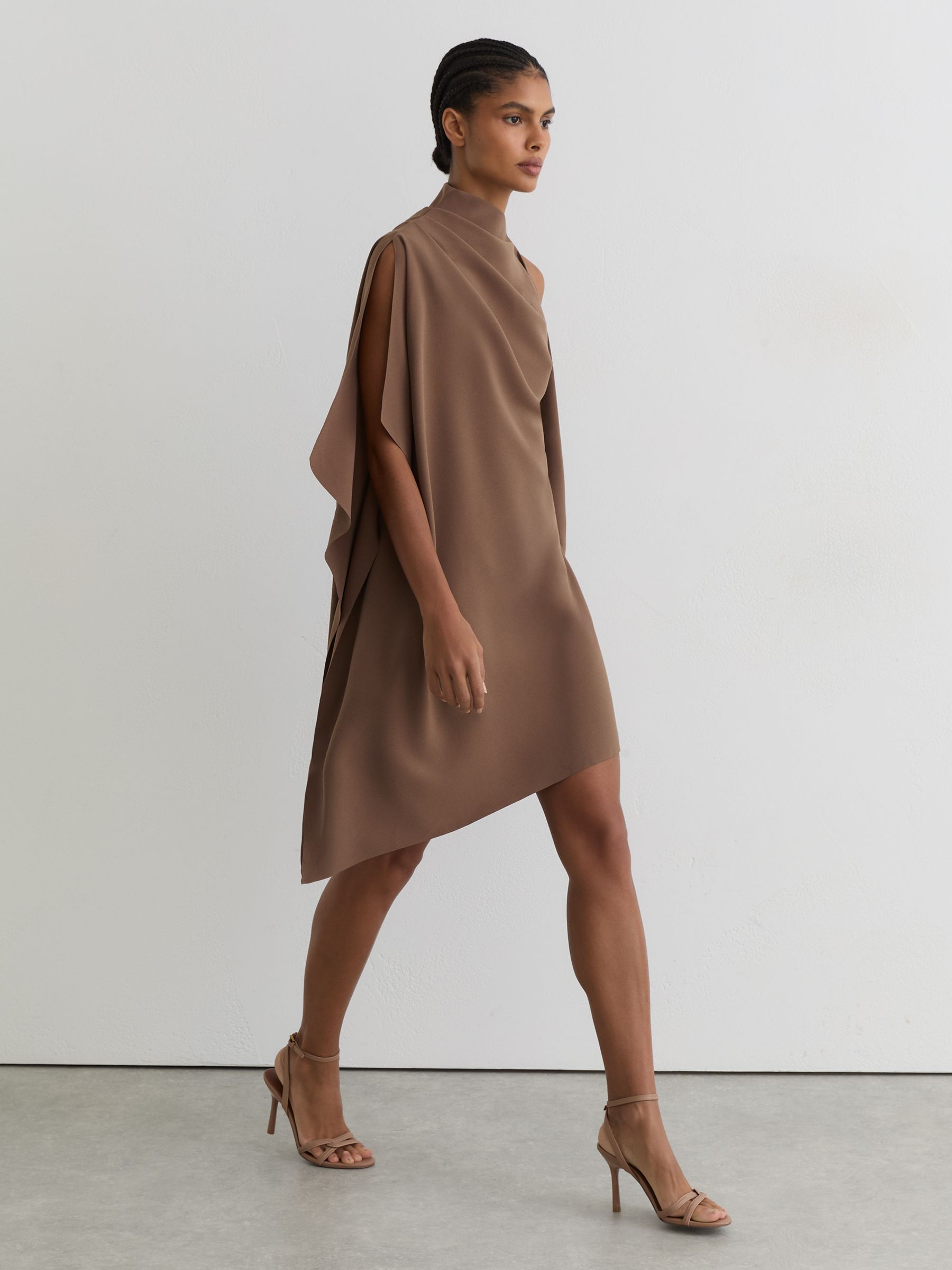 One-Shoulder Draped Mini Dress in Taupe Brown - image 4