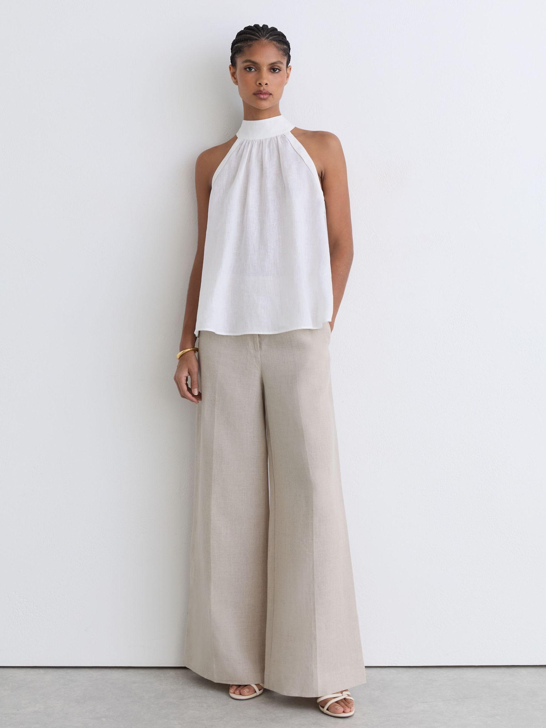 Linen Sleeveless Scarf-Neck Top in Ivory - صورة 4 من 7