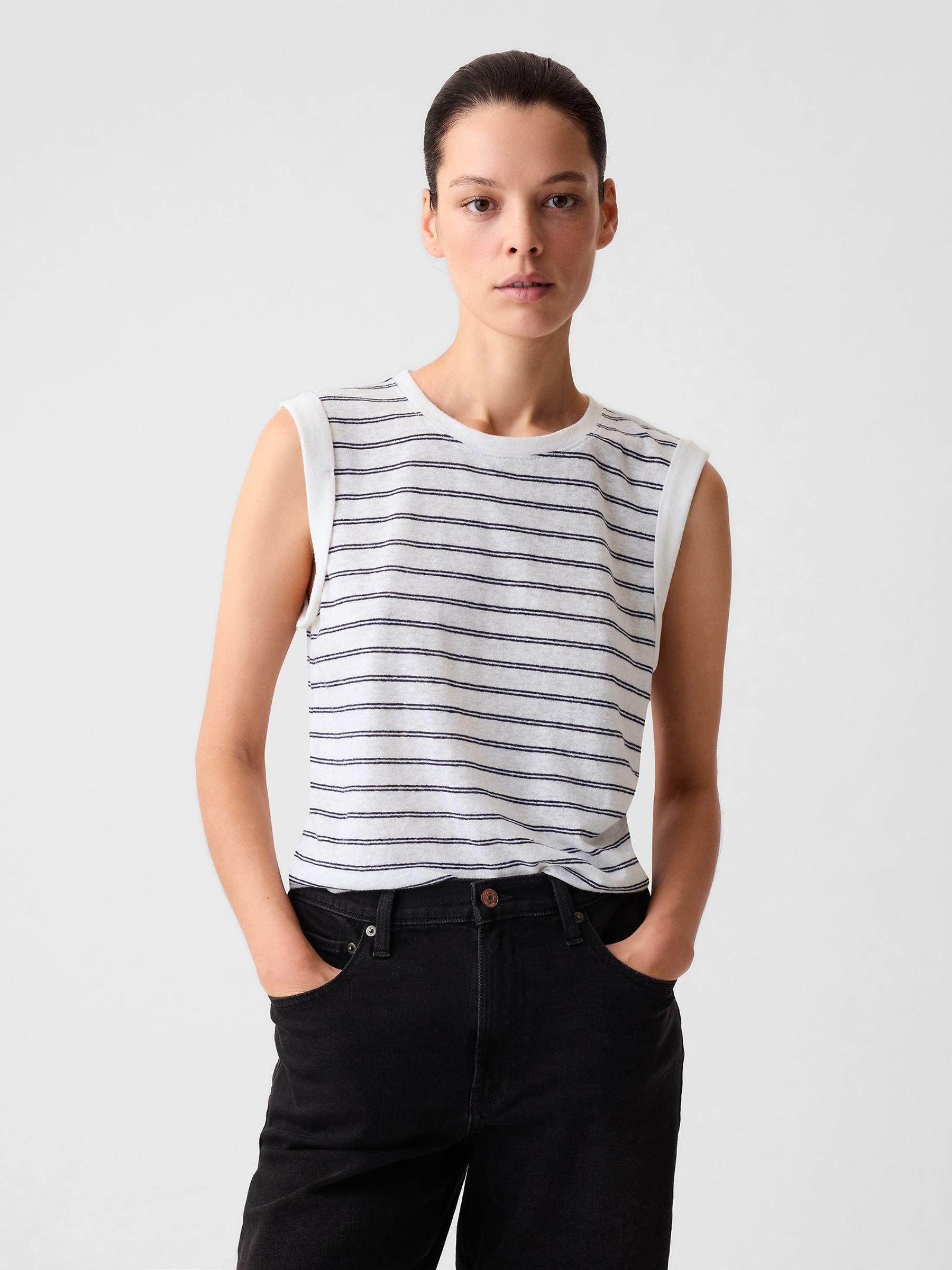White Stripe Linen Blend Sleeveless Tank Top - Image 1 of 4