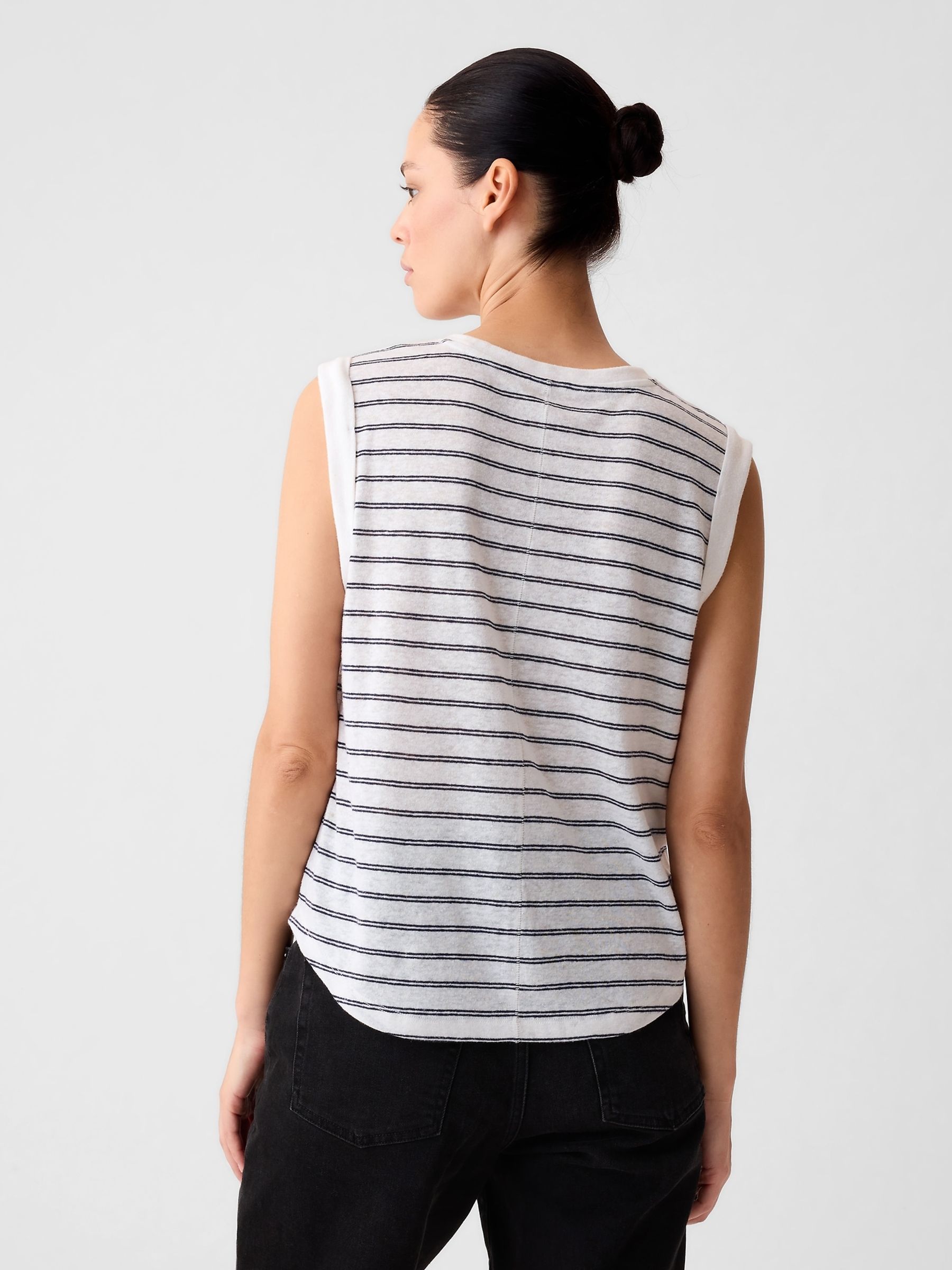 White Stripe Linen Blend Sleeveless Tank Top - Image 2 of 4