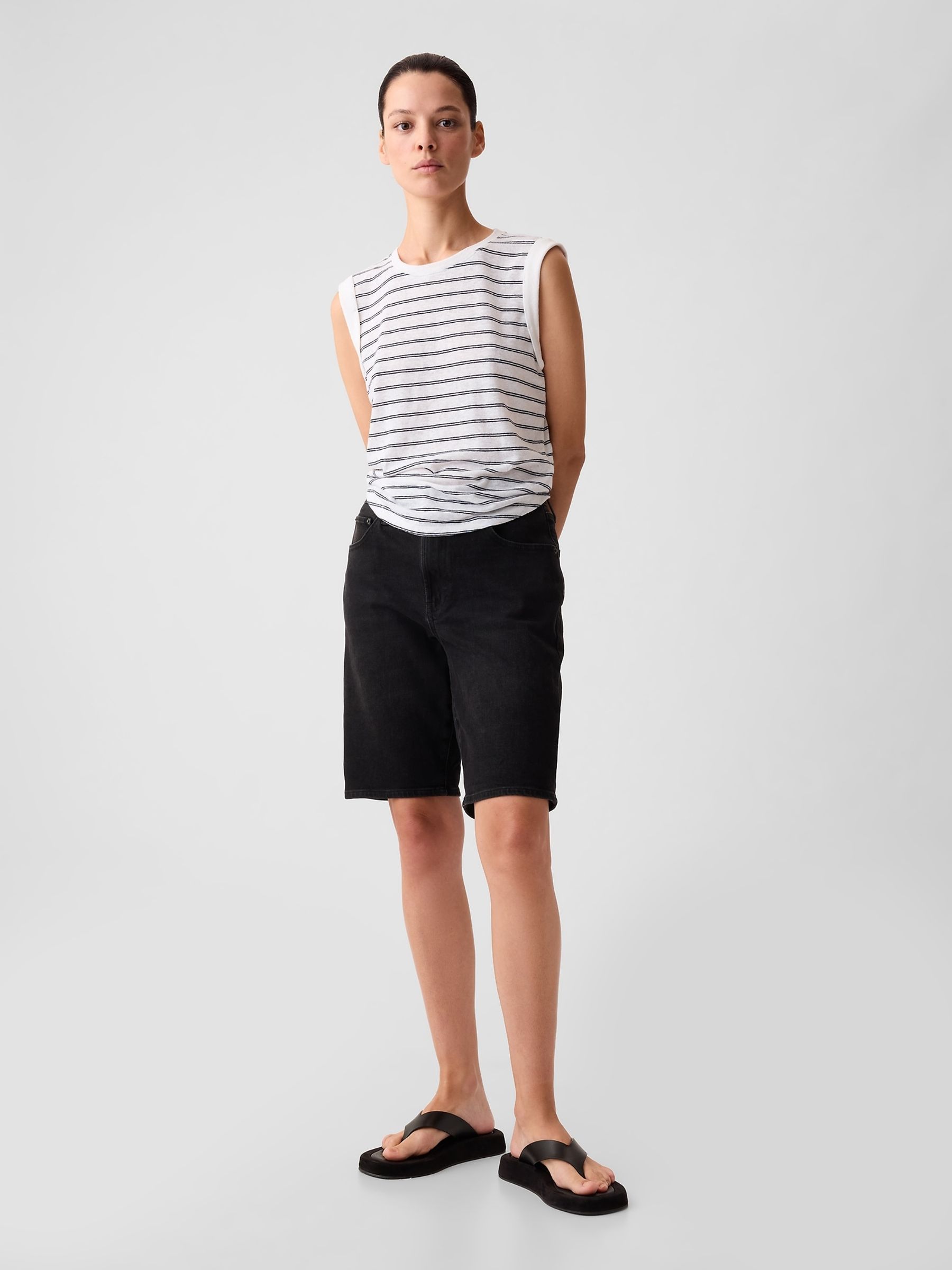 White Stripe Linen Blend Sleeveless Tank Top - Image 3 of 4