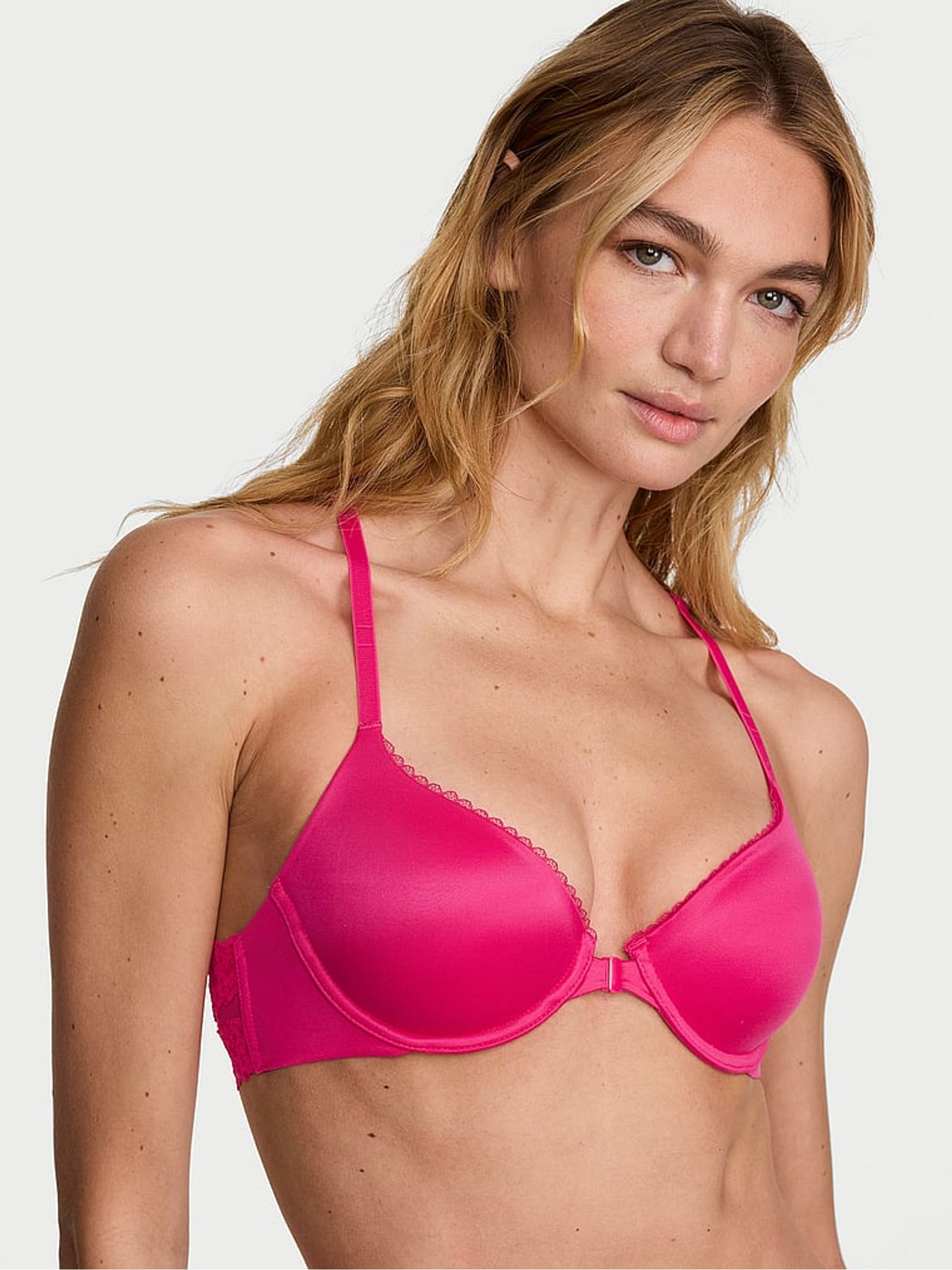 Pop Pink Lightly Lined Demi Lace Front Close Bra - Image 1 of 2