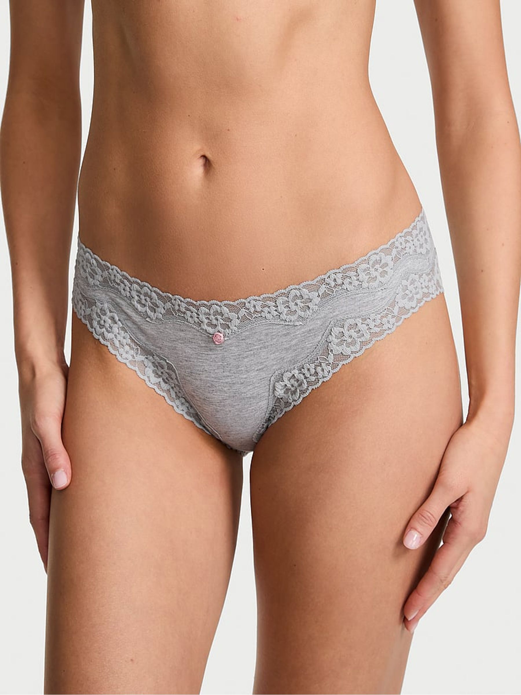 Medium Heather Grey Bikini Cotton Lace Waist Knickers - Image 1 of 2