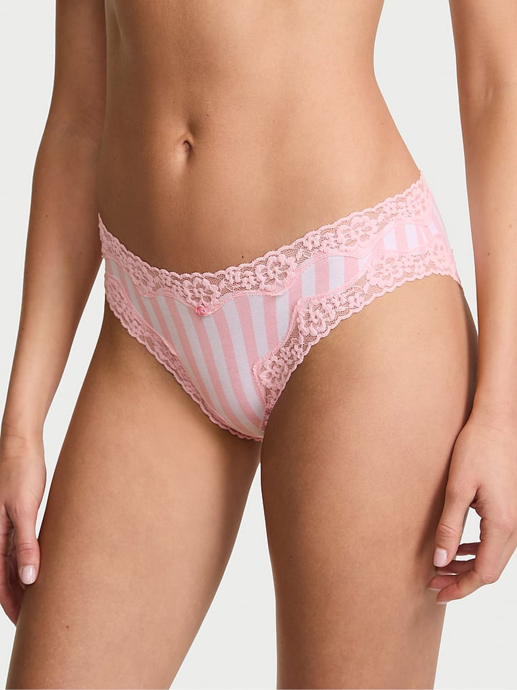 Pretty Blossom Pink Stripes Bikini Cotton Lace Waist Knickers - Image 1 of 3 Pretty Blossom Pink Stripes Bikini Cotton Lace Waist Knickers - Image 1 of 3