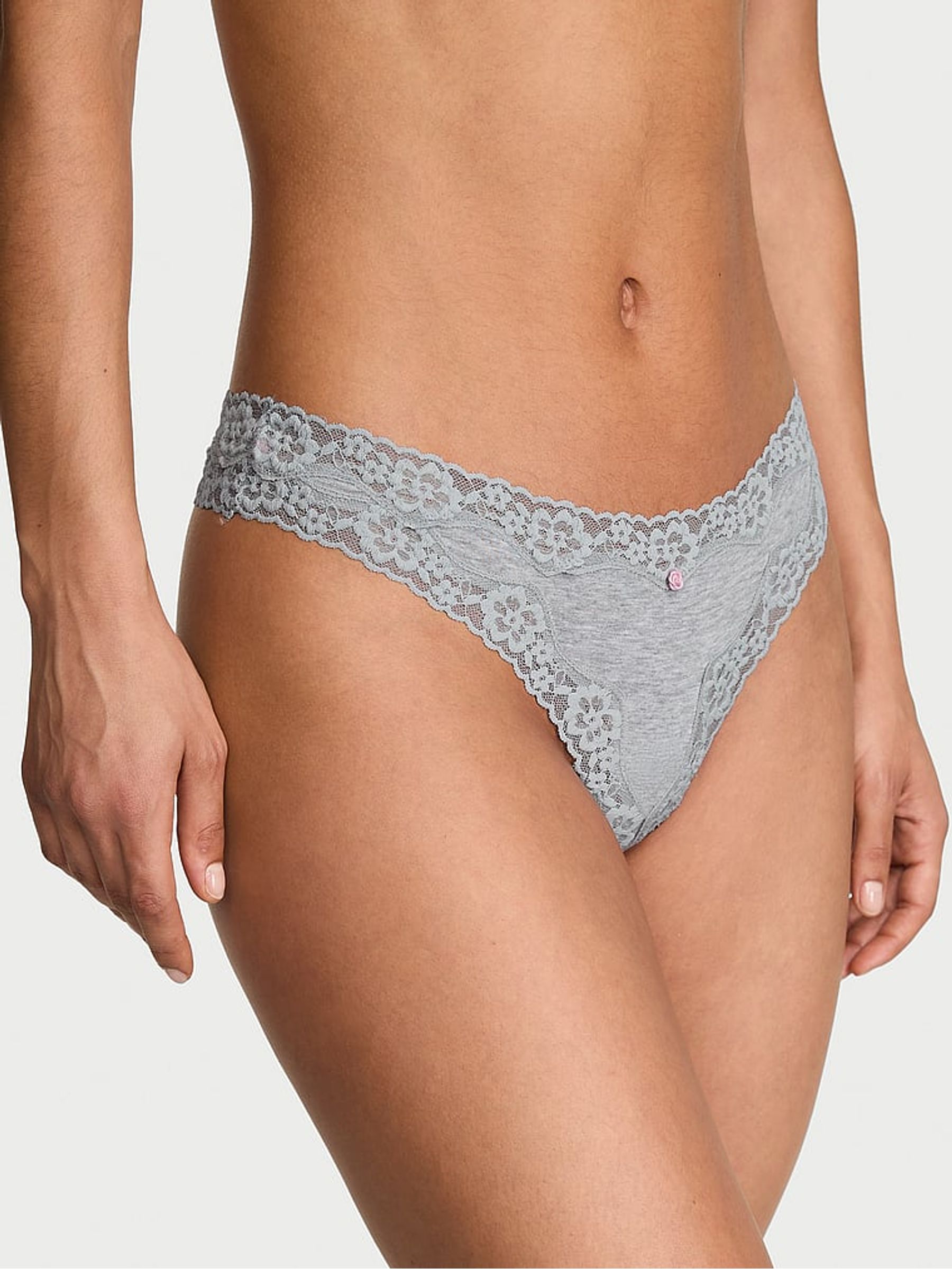 Medium Heather Grey Thong Cotton Lace Waist Knickers - Image 1 of 2