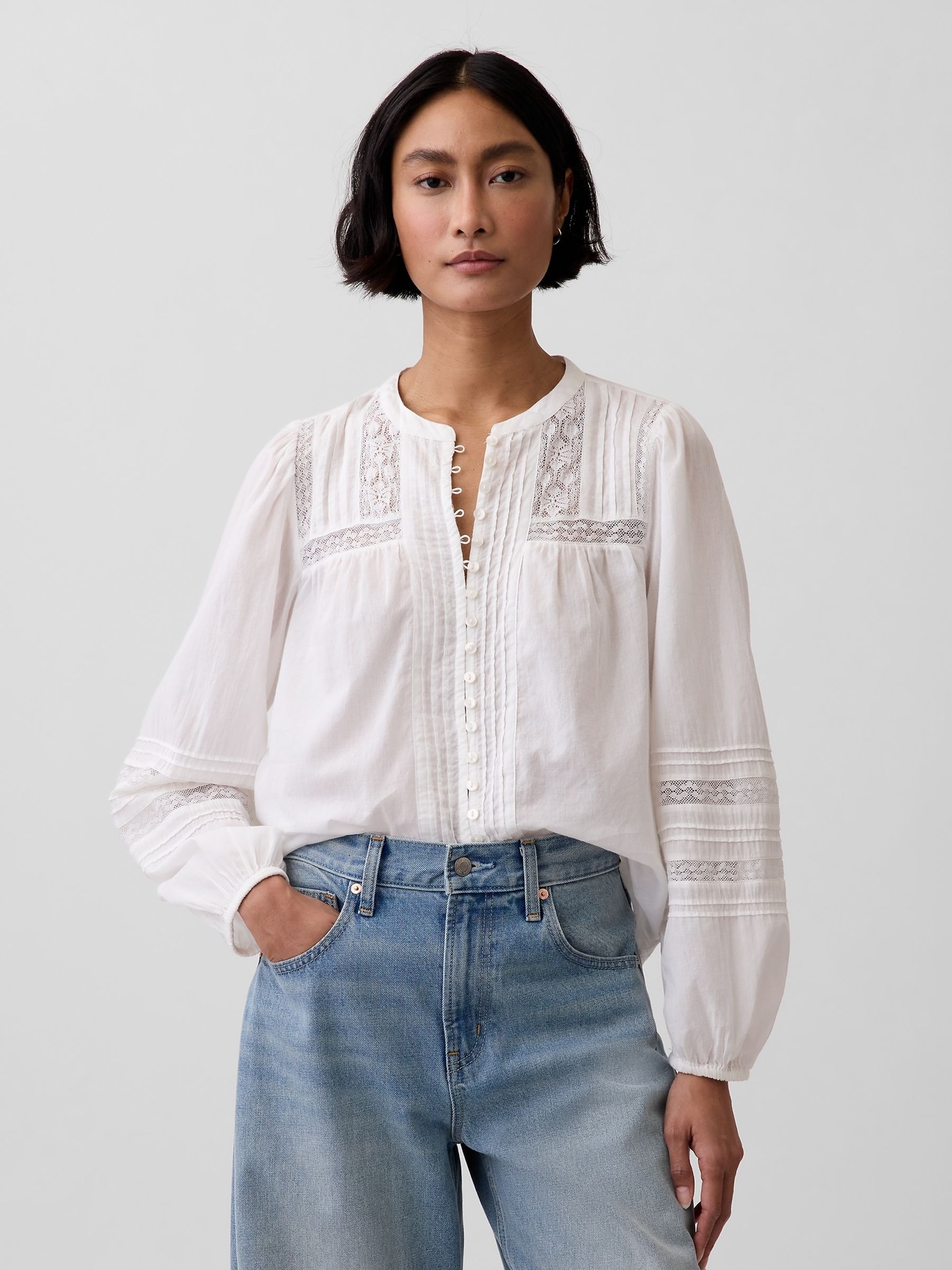 White Lace-Trim Pintuck Top - Image 1 of 4
