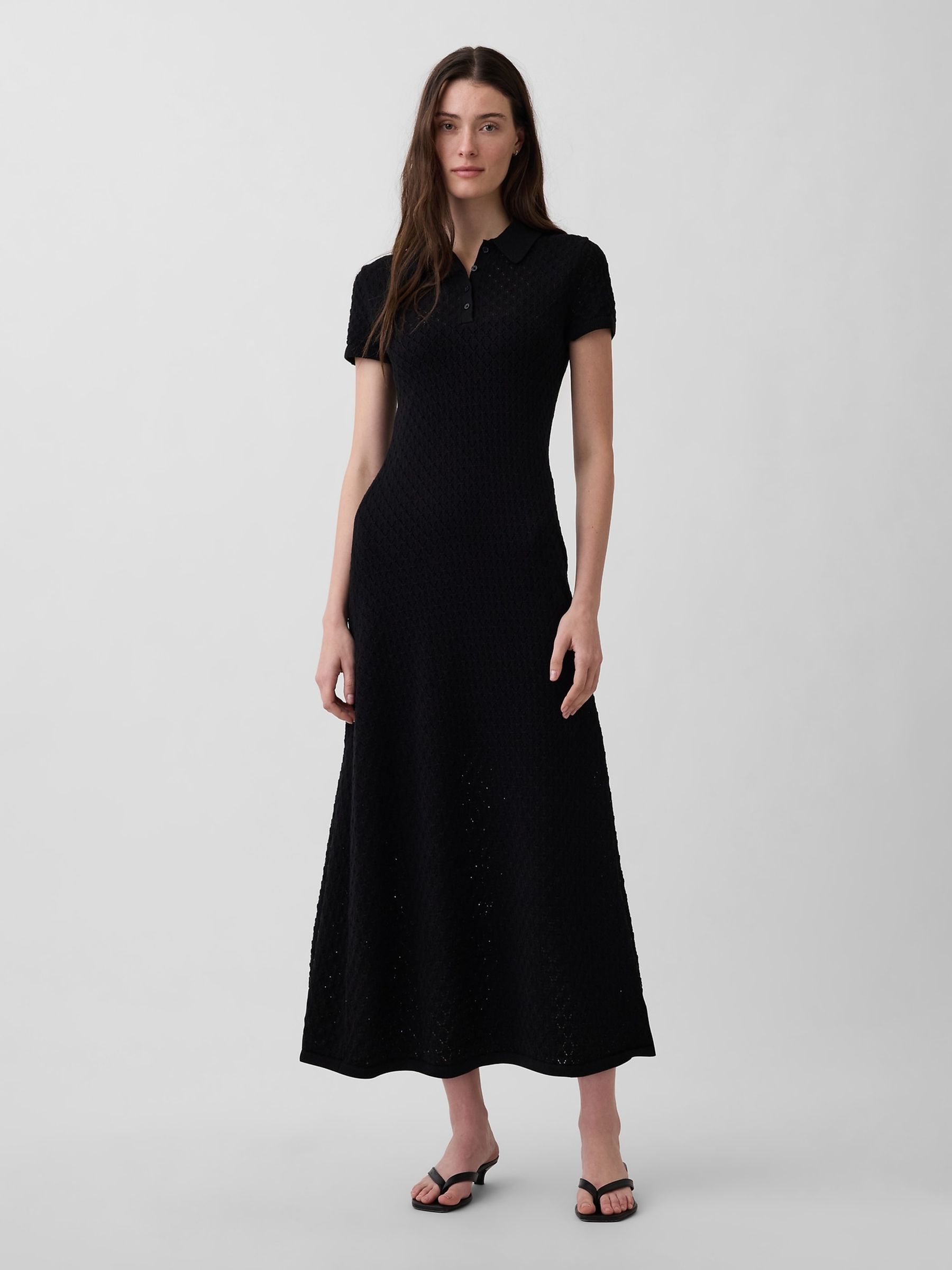 Black Pointelle Polo Maxi Knitted Dress - Image 1 of 4