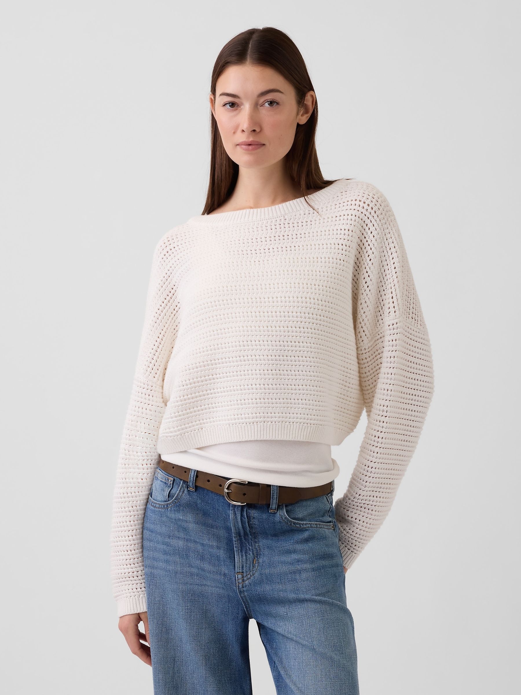 White Crochet Boat Neck Crop Jumper - Image 1 of 5