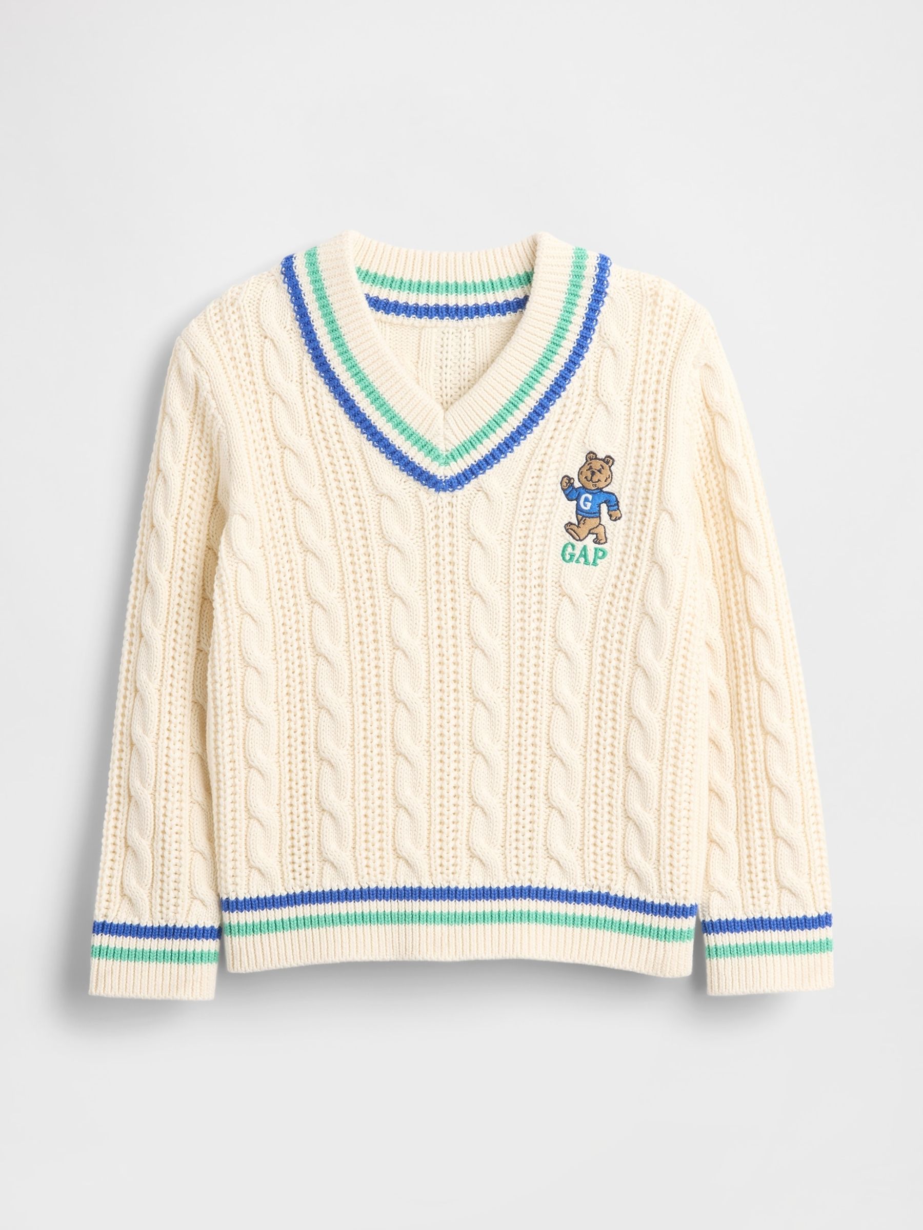 Cream Brannan Bear Logo Varsity V-Neck Cable Knit Jumper - Image 1 of 2