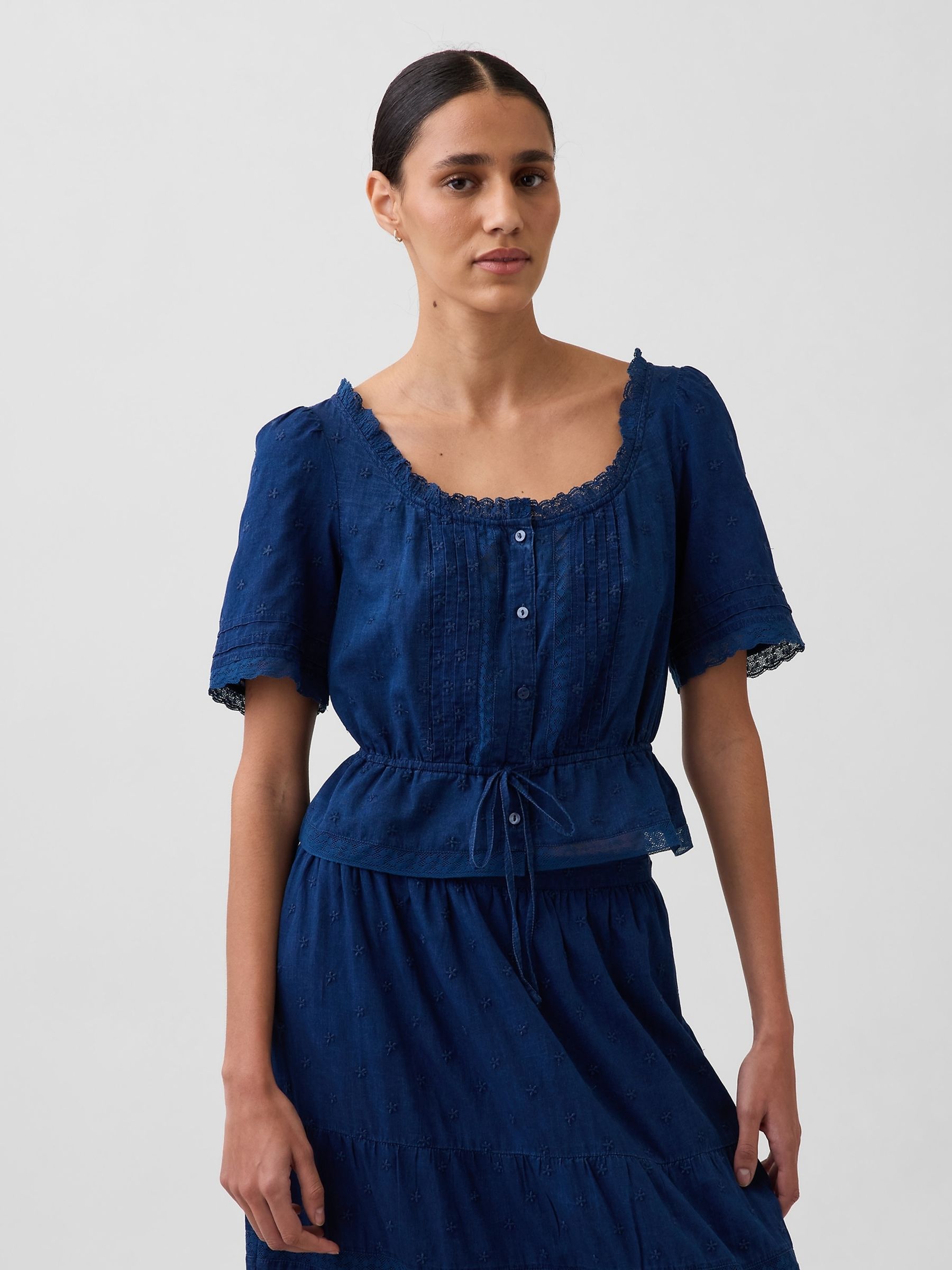 Blue Lace-Trim Peplum Top - Image 1 of 5