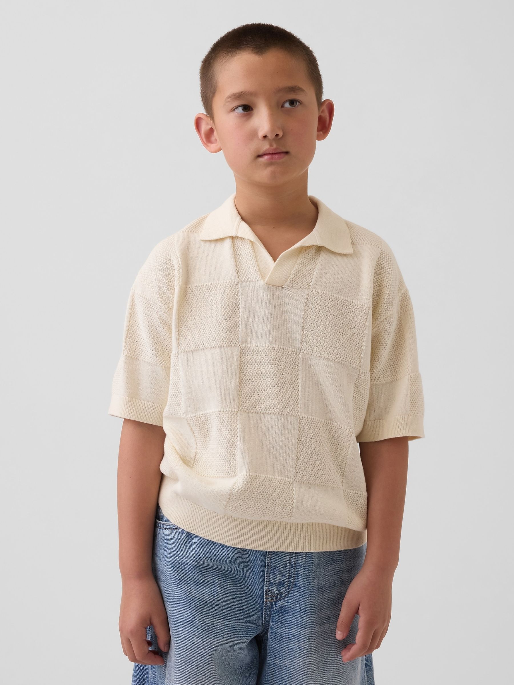 Cream Johnny-Collar Checkered Jumper - Image 1 of 4
