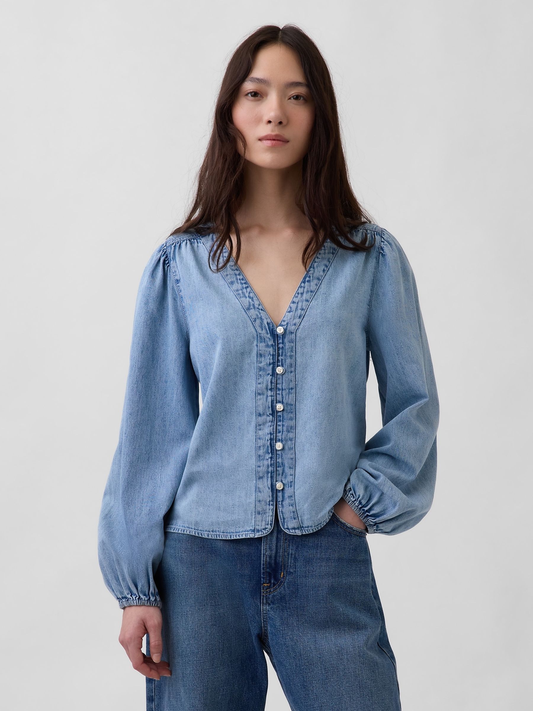 Light Wash Denim Puff-Sleeve Top - Image 1 of 5