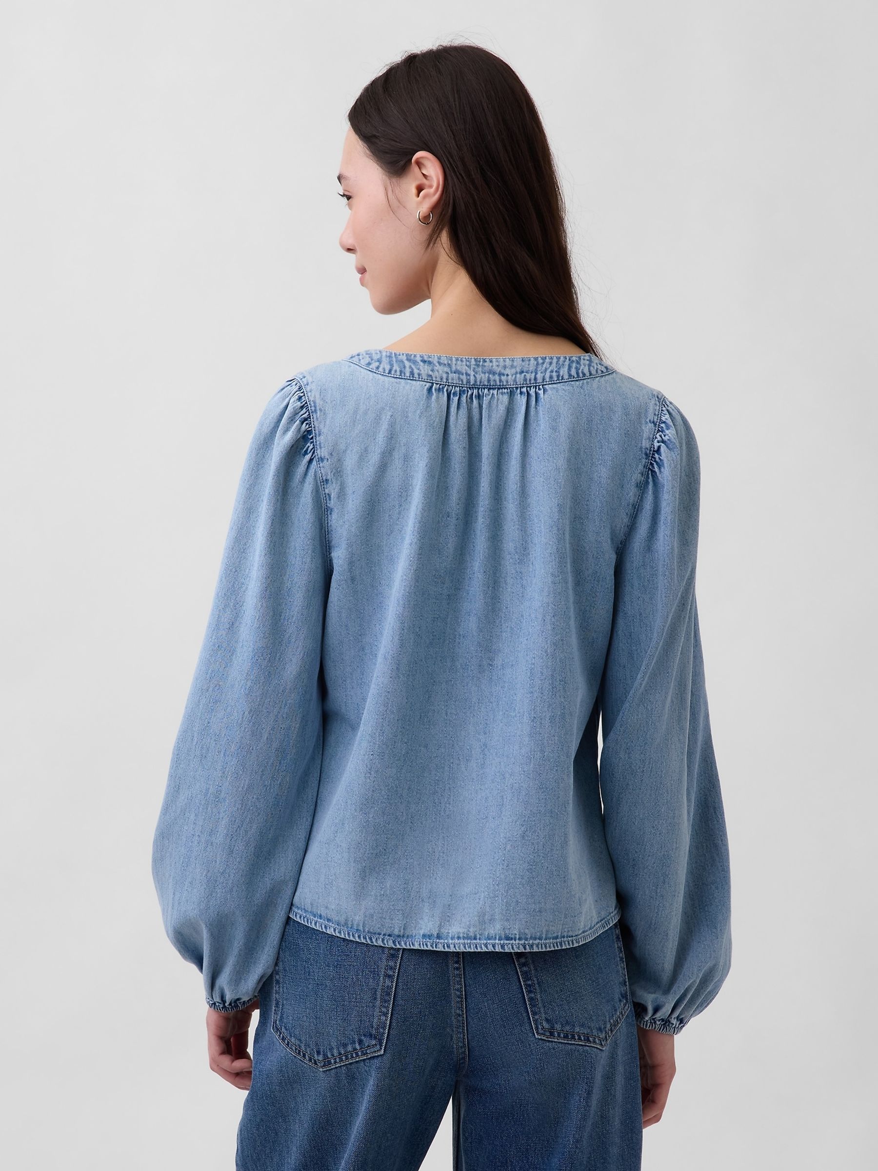 Light Wash Denim Puff-Sleeve Top - Image 2 of 5