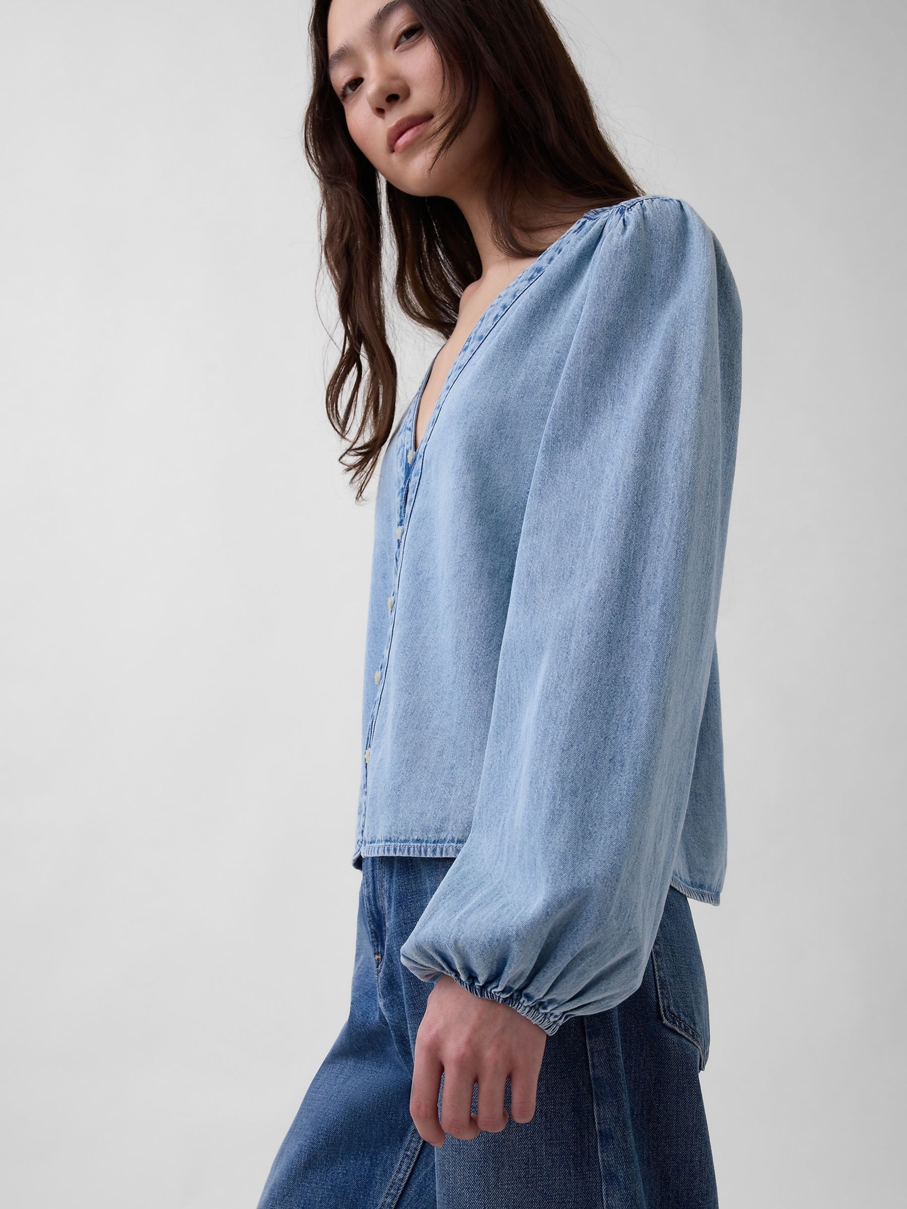 Light Wash Denim Puff-Sleeve Top - Image 3 of 5