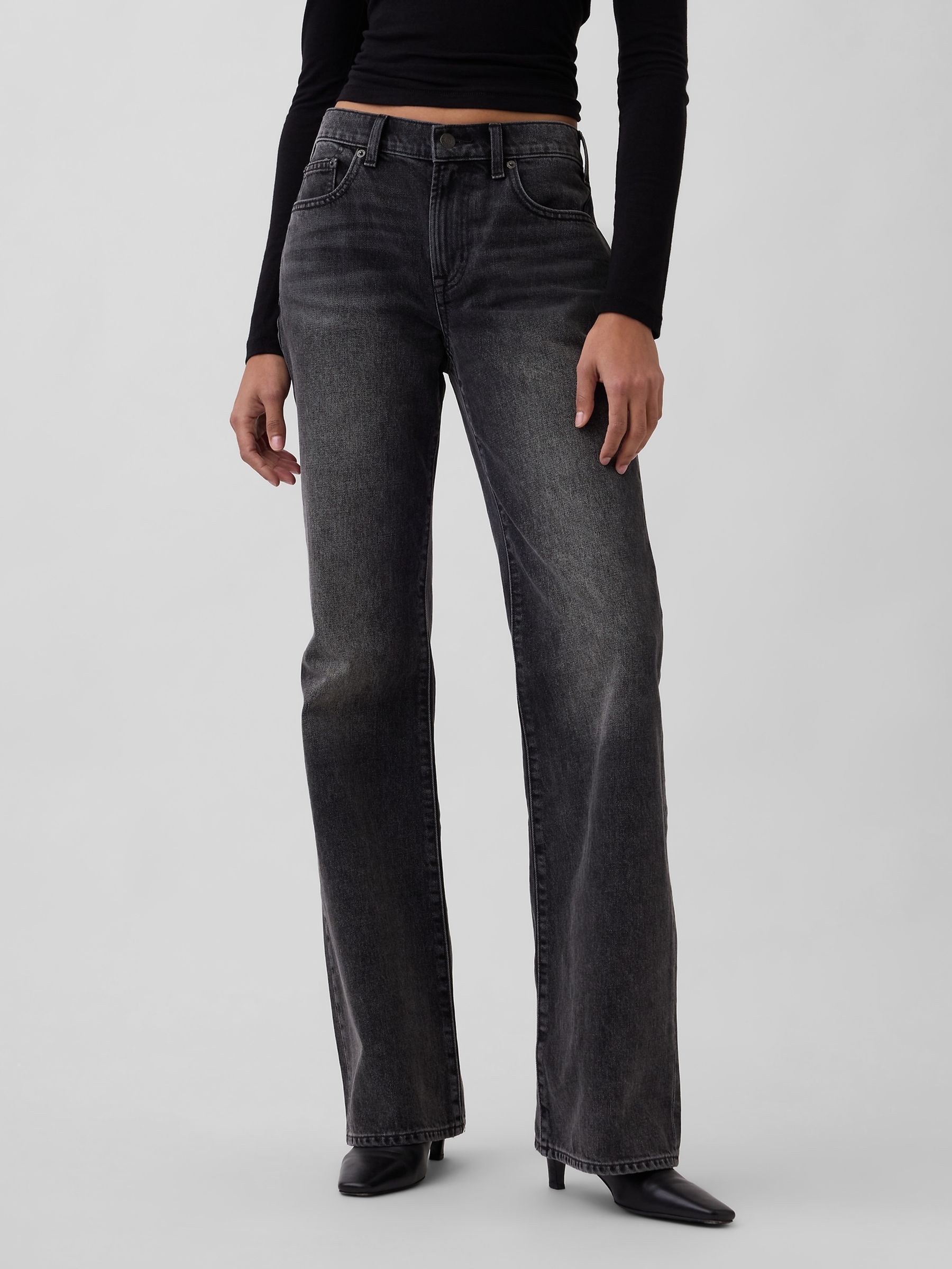 Black Mid Rise Rigid Relaxed Flare Jeans - Image 1 of 4