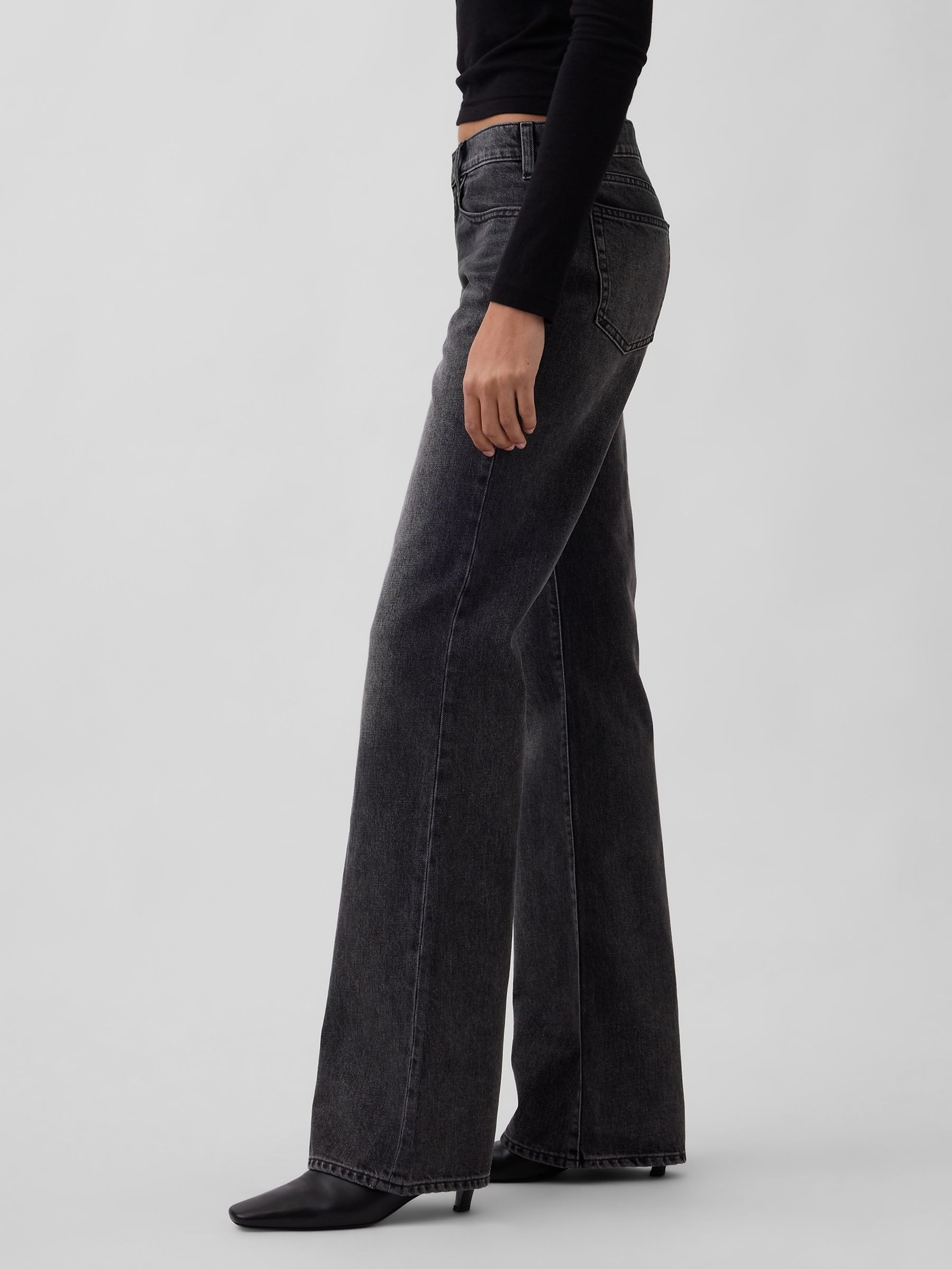 Black Mid Rise Rigid Relaxed Flare Jeans - Image 3 of 4