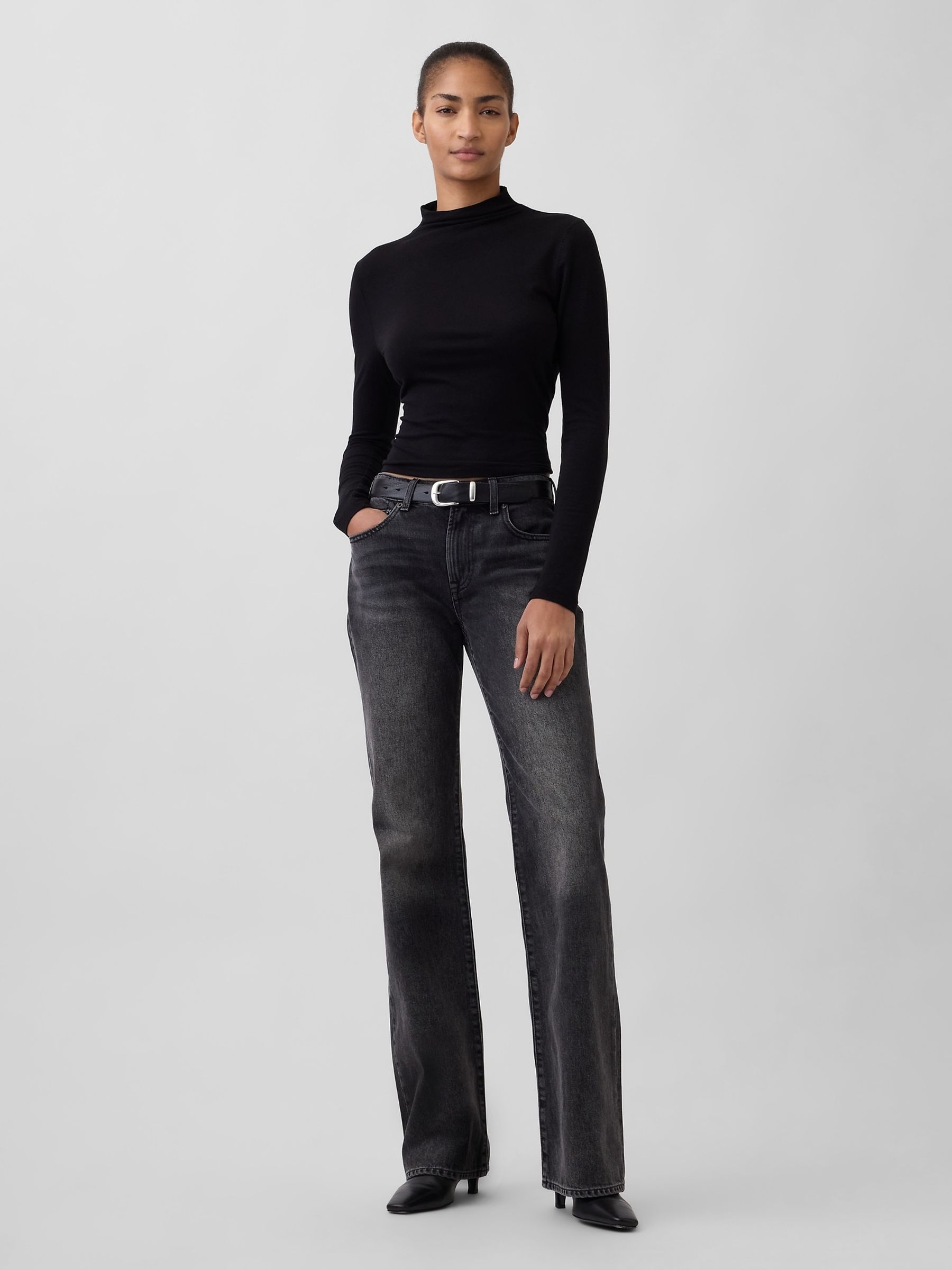 Black Mid Rise Rigid Relaxed Flare Jeans - Image 4 of 4