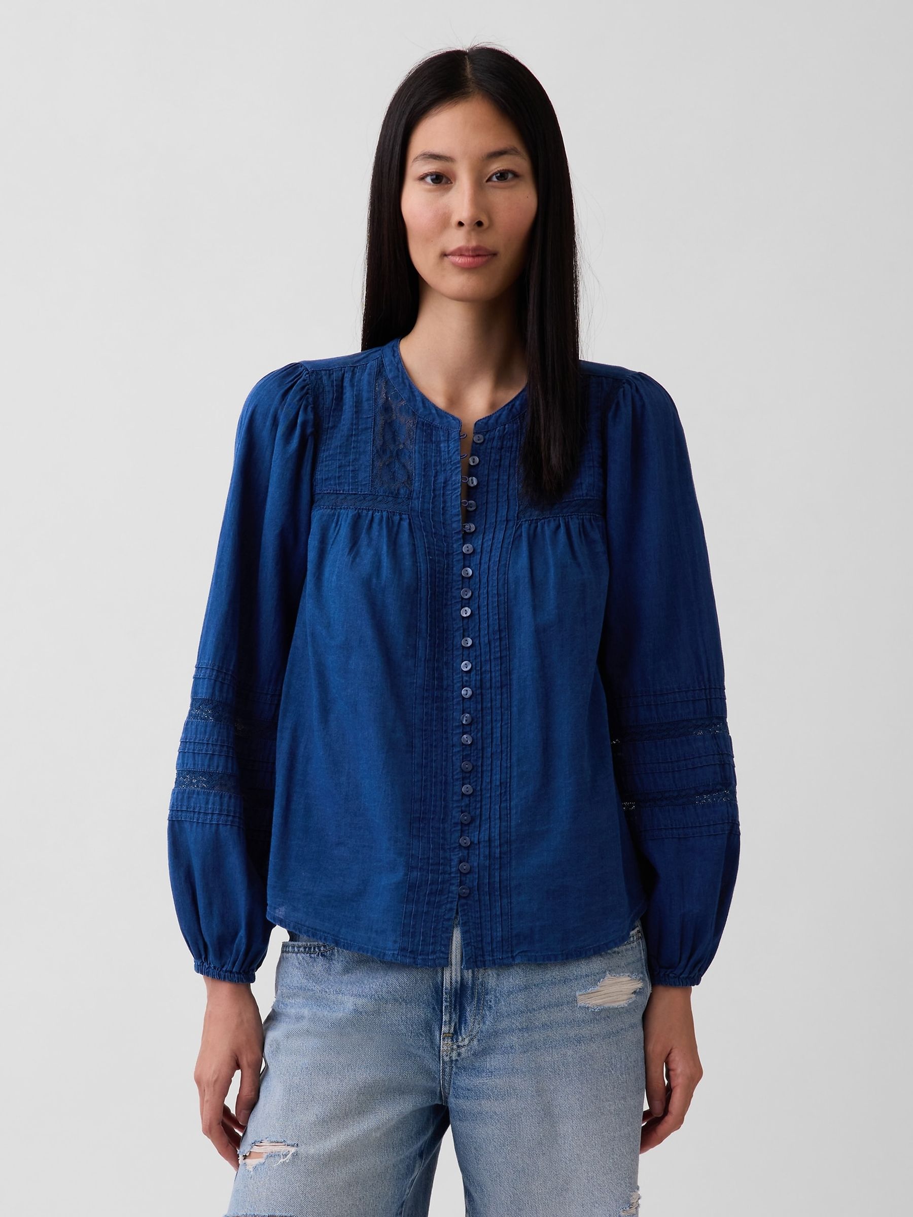 Blue Lace-Trim Pintuck Top - Image 1 of 4