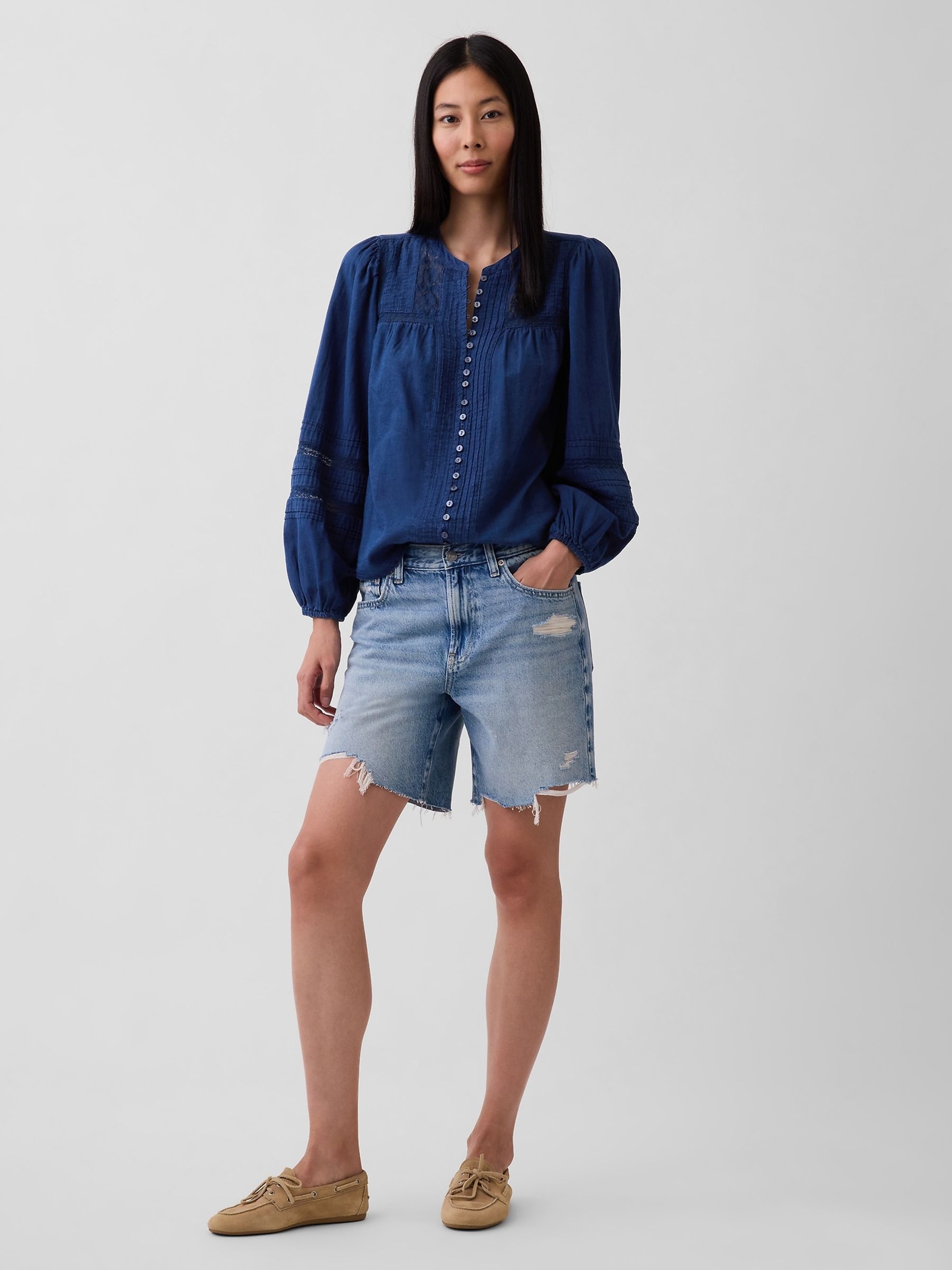 Blue Lace-Trim Pintuck Top - Image 3 of 4