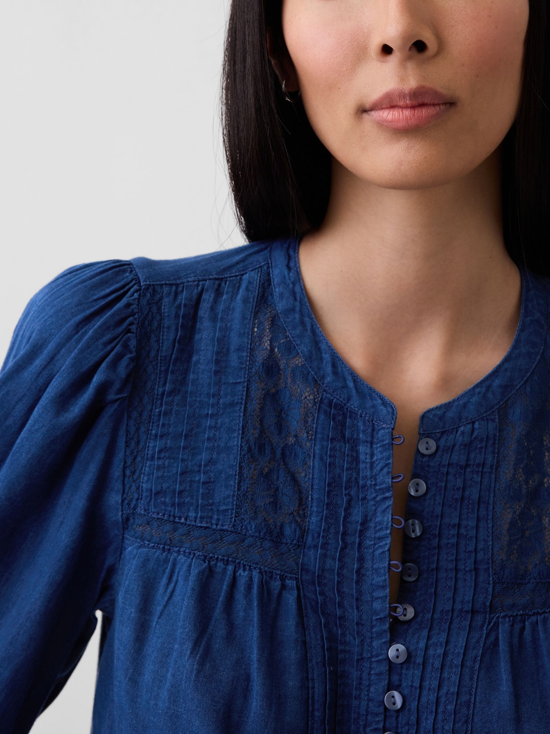 Blue Lace-Trim Pintuck Top - Image 4 of 4