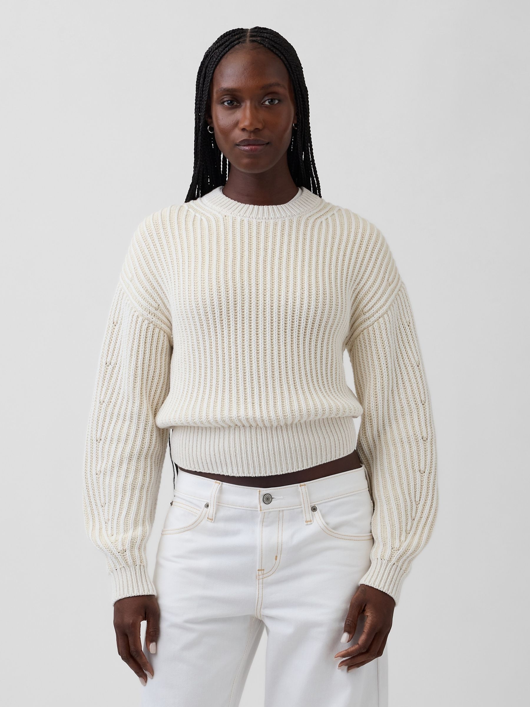White Barrel-Sleeve Crop Jumper - Image 1 of 4