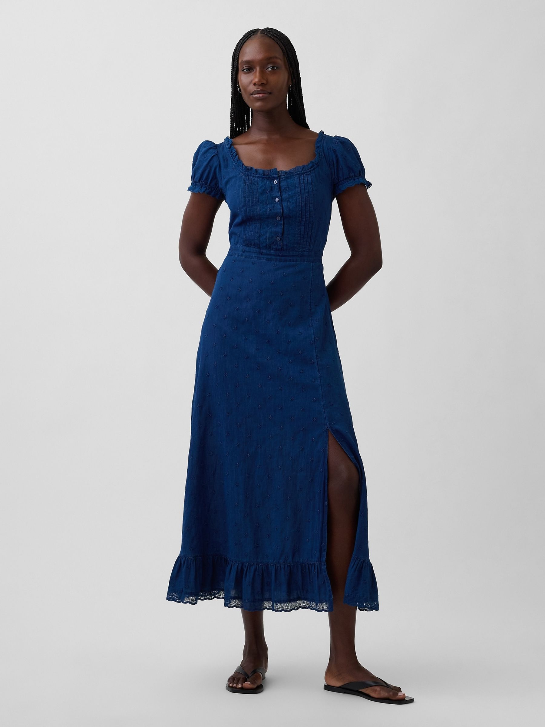 Blue Embroidered Puff-Sleeve Maxi Dress - Image 1 of 4