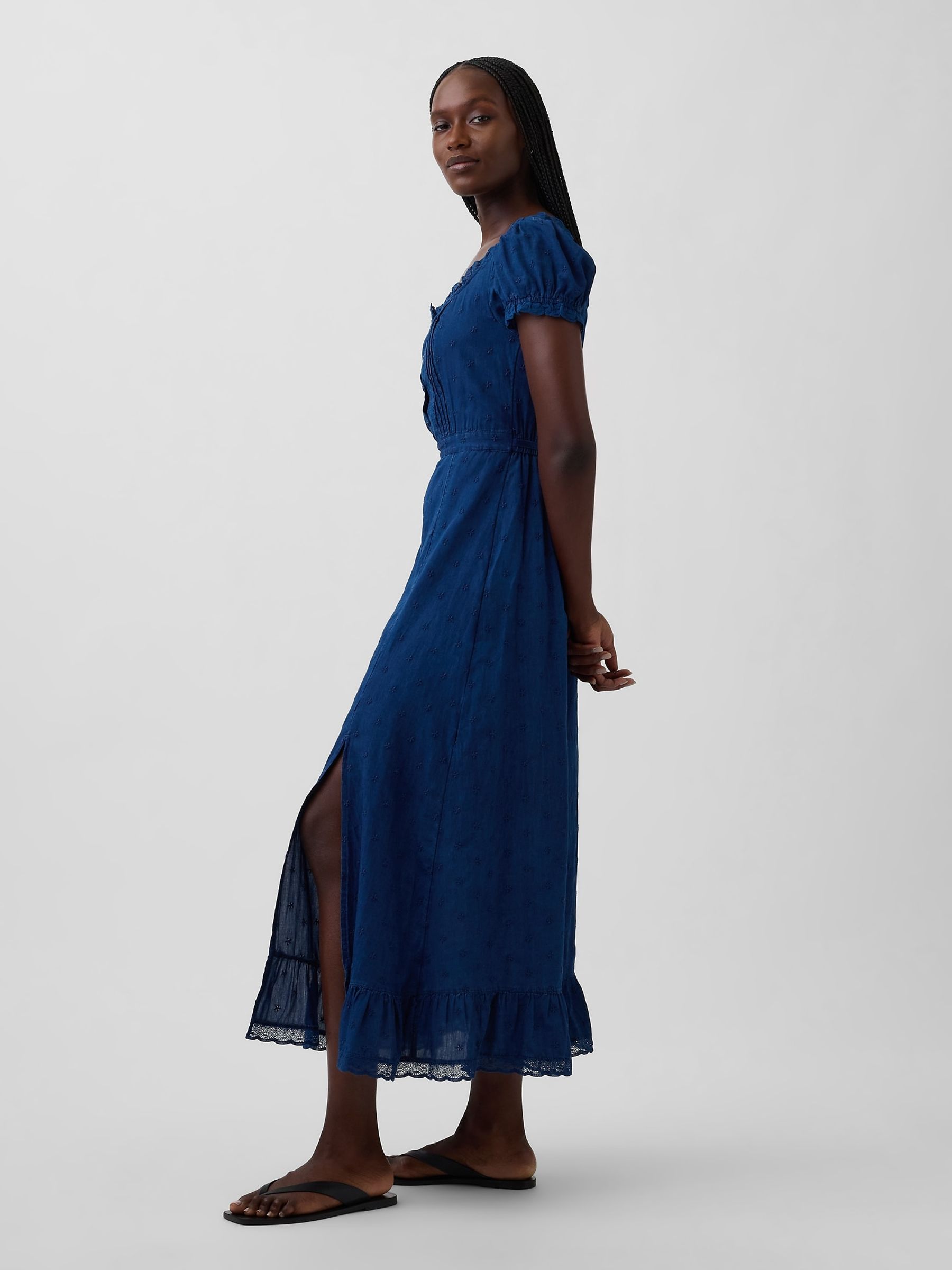 Blue Embroidered Puff-Sleeve Maxi Dress - Image 3 of 4