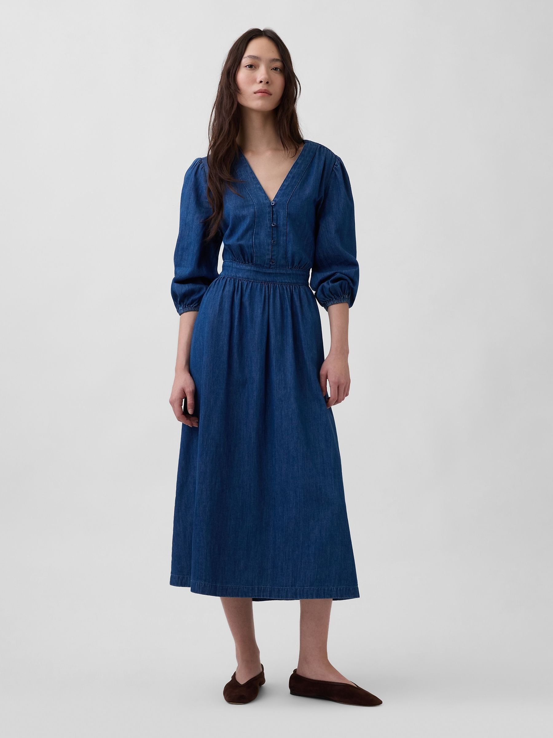 Dark Indigo Denim Pieced-Waist Midi Dress - Image 1 of 4
