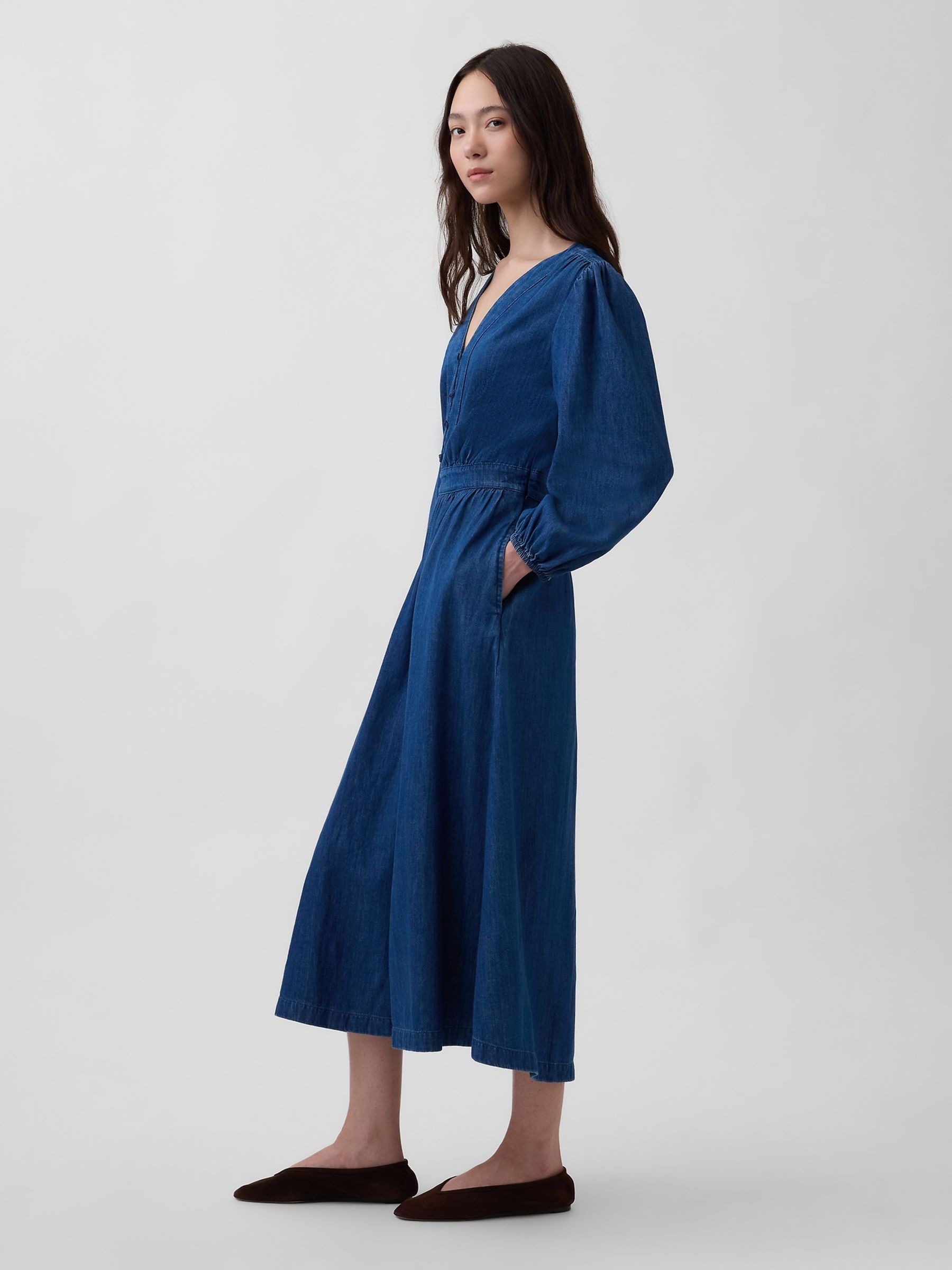 Dark Indigo Denim Pieced-Waist Midi Dress - Image 3 of 4