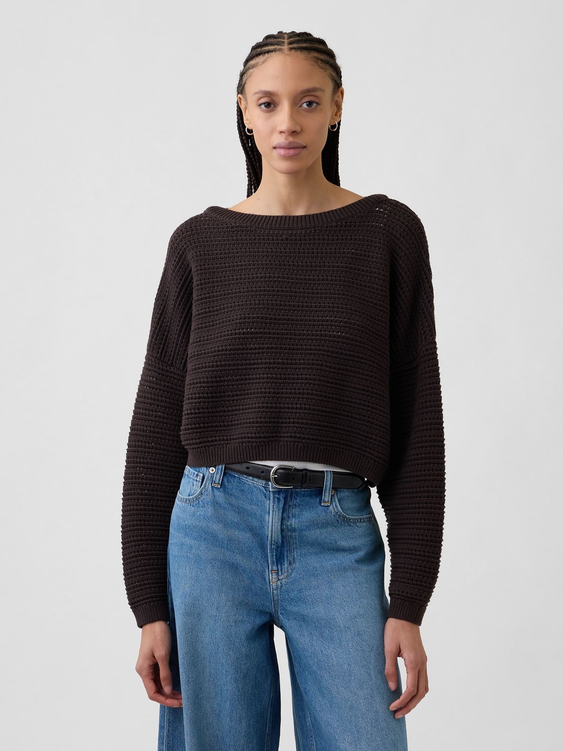 Brown Crochet Boat Neck Crop Jumper - Image 1 of 5