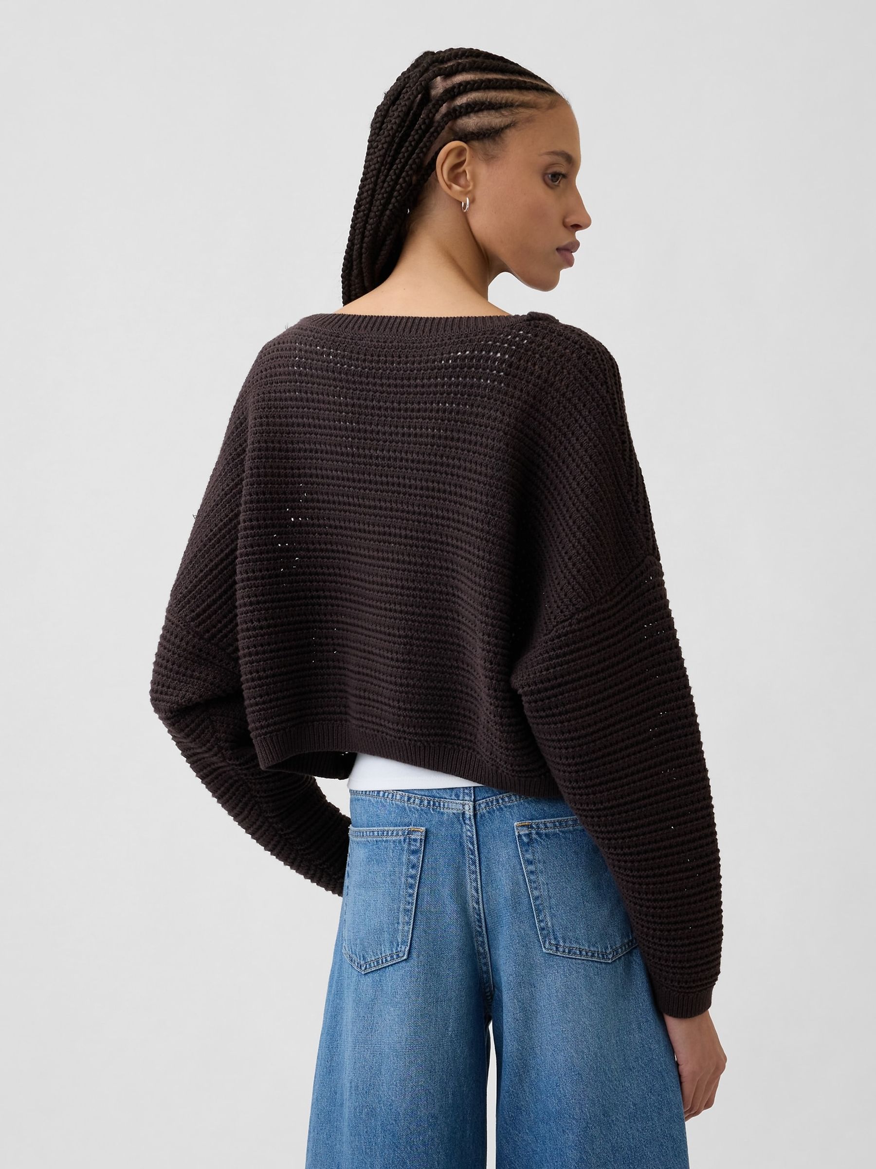 Brown Crochet Boat Neck Crop Jumper - Image 2 of 5