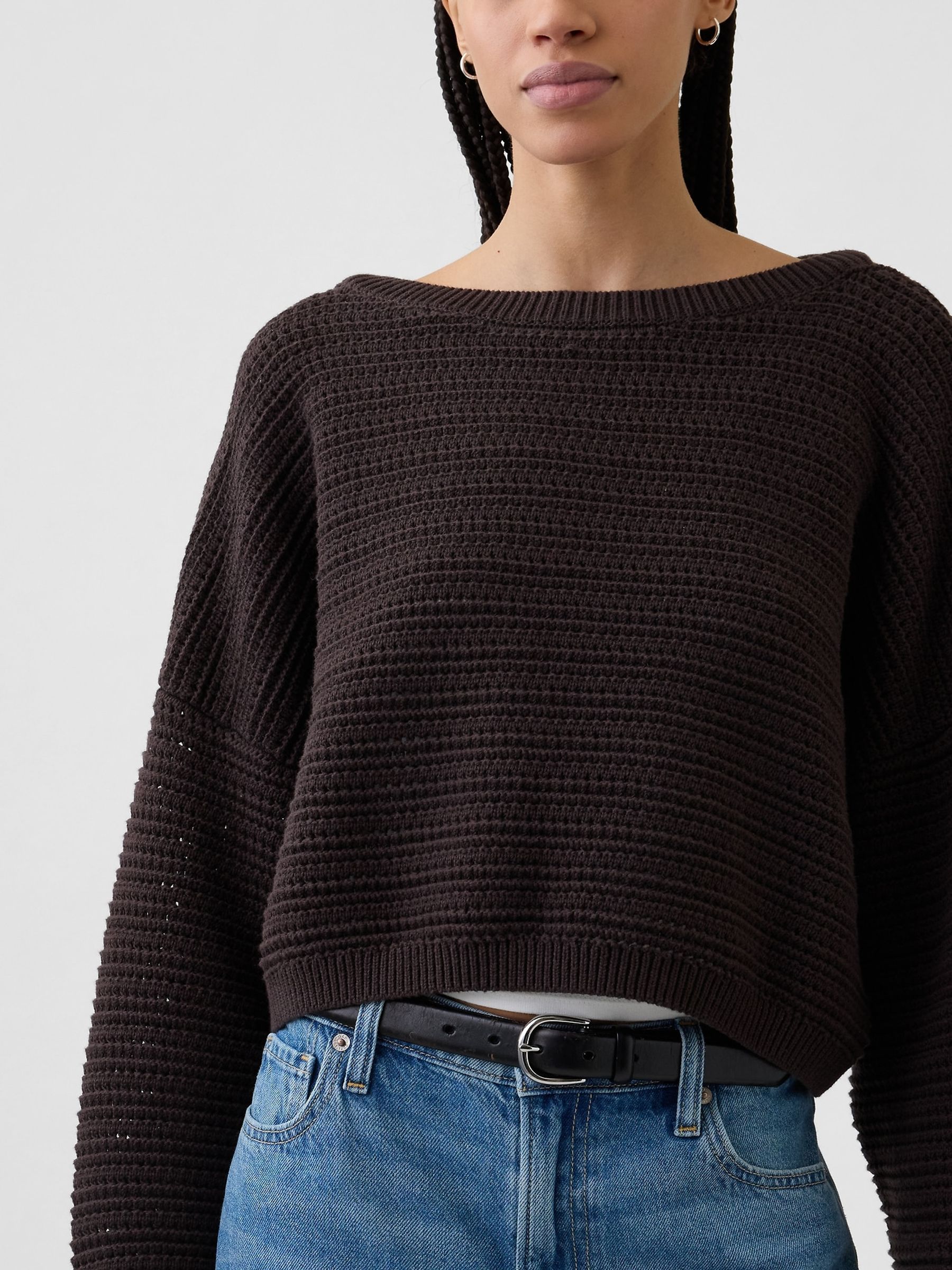 Brown Crochet Boat Neck Crop Jumper - Image 4 of 5