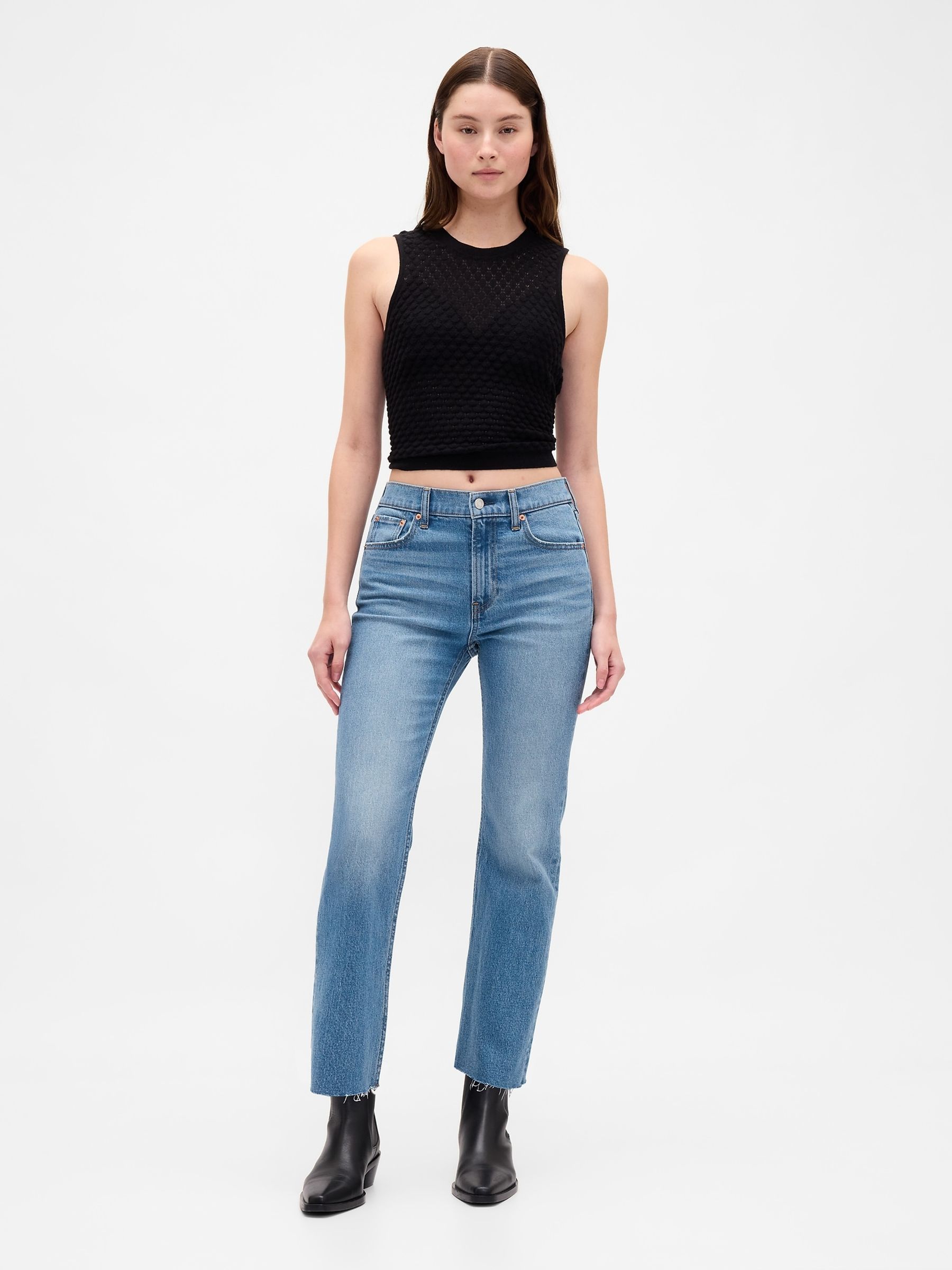 Medium Indigo High Waisted '90s Slim Straight Crop Jeans - Image 3 of 6