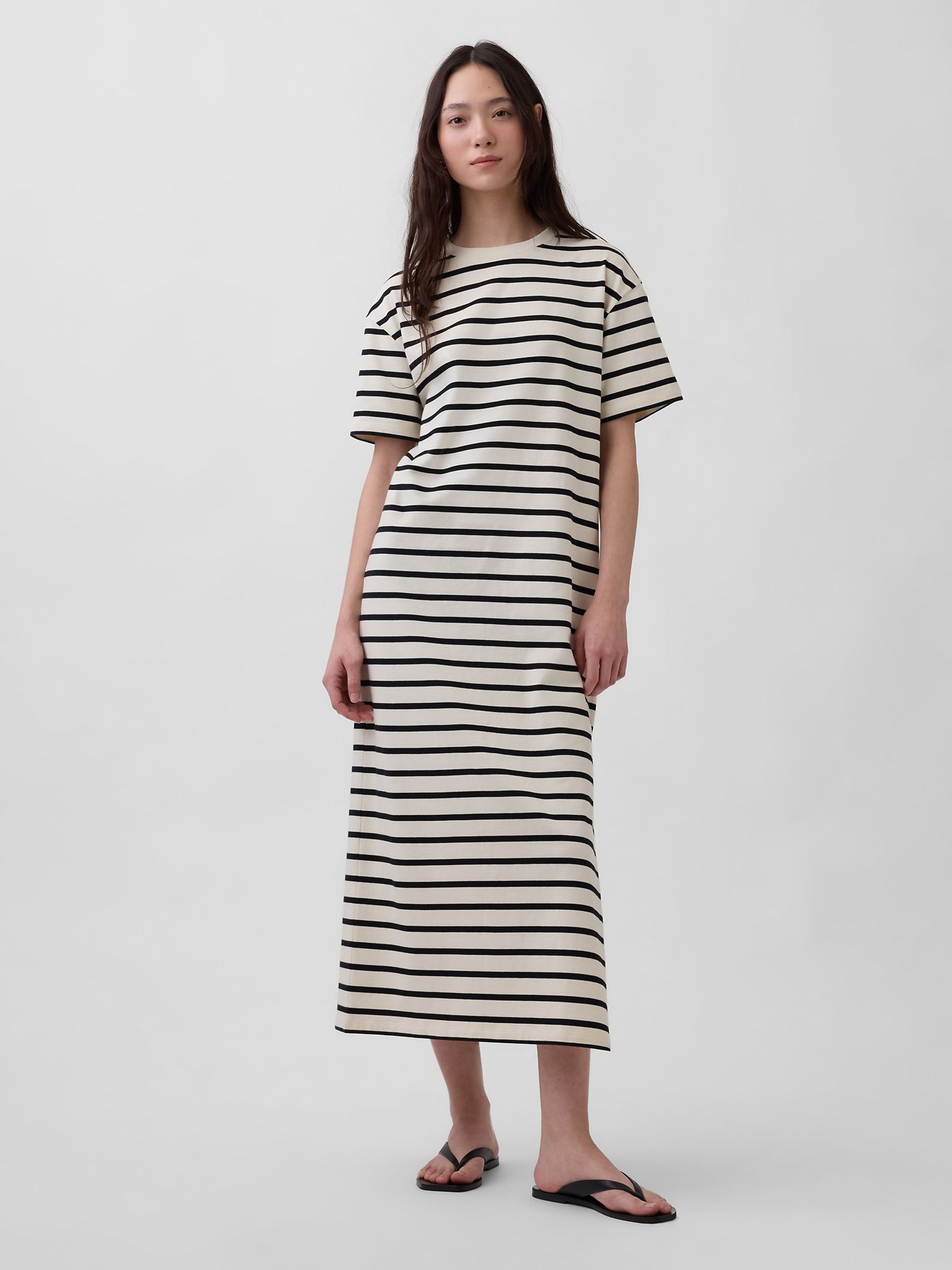 White Striped Heavyweight Oversized Maxi T-Shirt Dress - Image 1 of 4