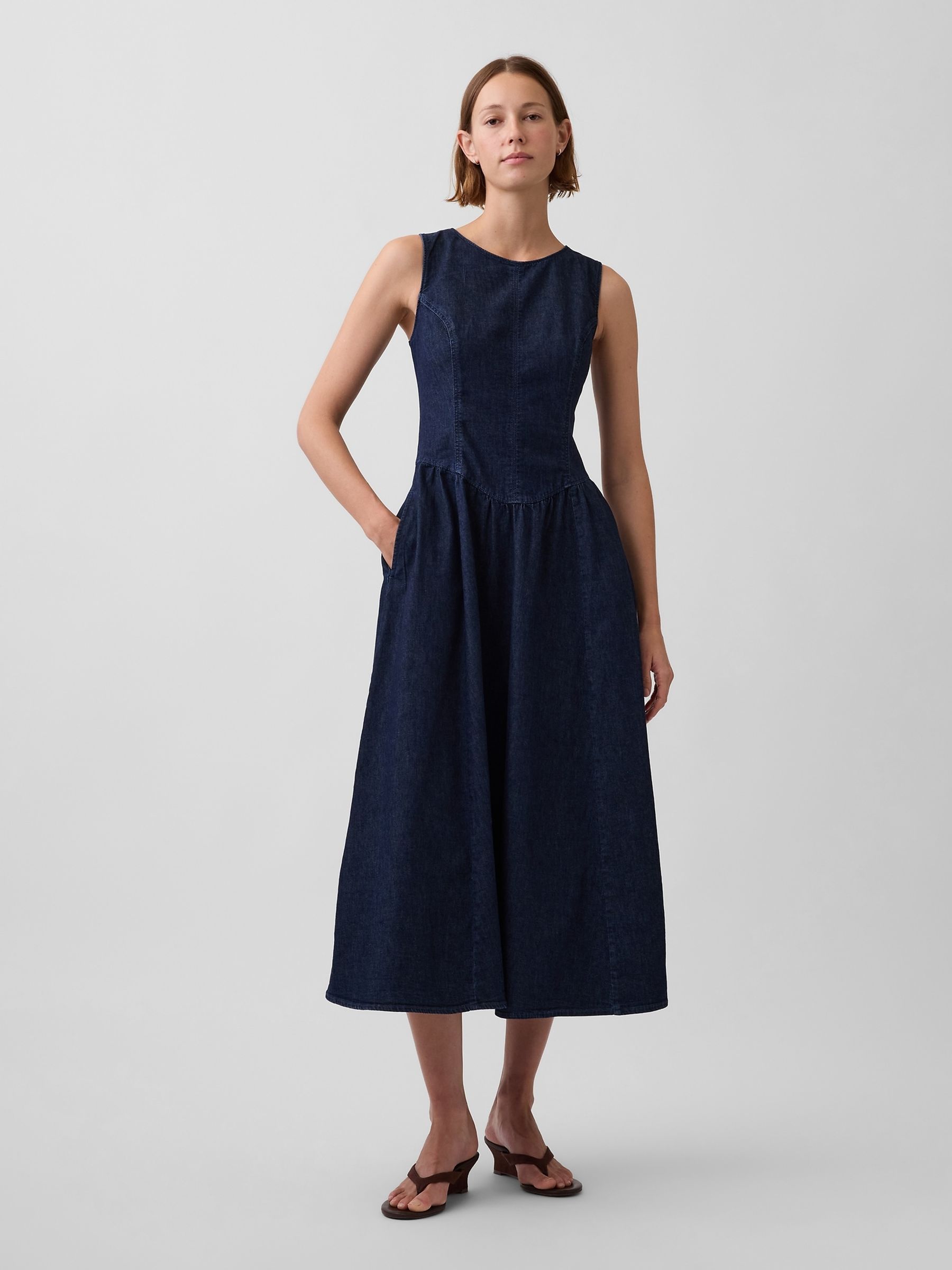 Dark Wash Denim Drop-Waist Midi Dress - Image 1 of 4