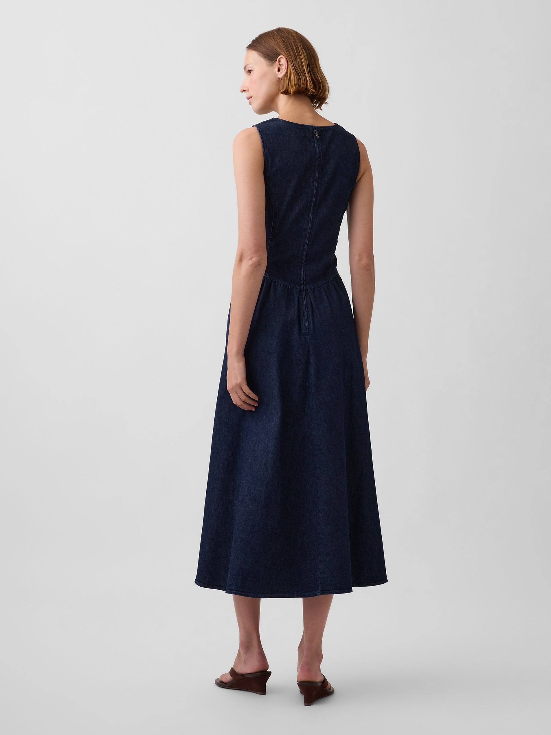 Dark Wash Denim Drop-Waist Midi Dress - Image 2 of 4 Dark Wash Denim Drop-Waist Midi Dress - Image 2 of 4