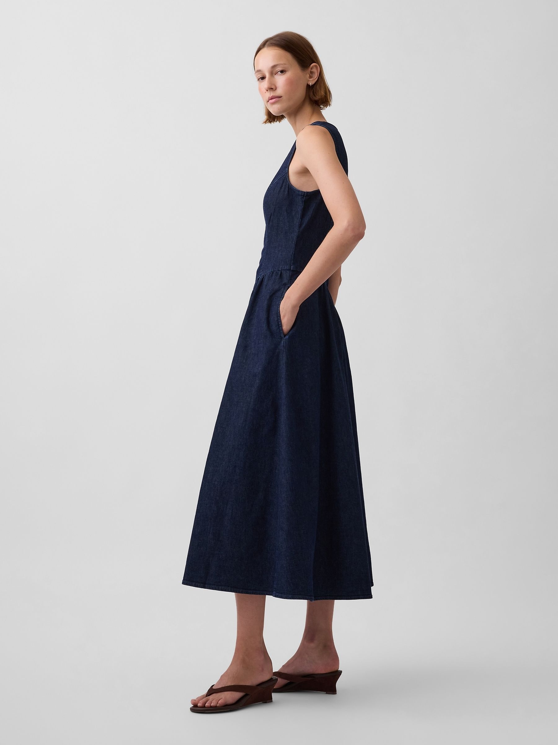 Dark Wash Denim Drop-Waist Midi Dress - Image 3 of 4