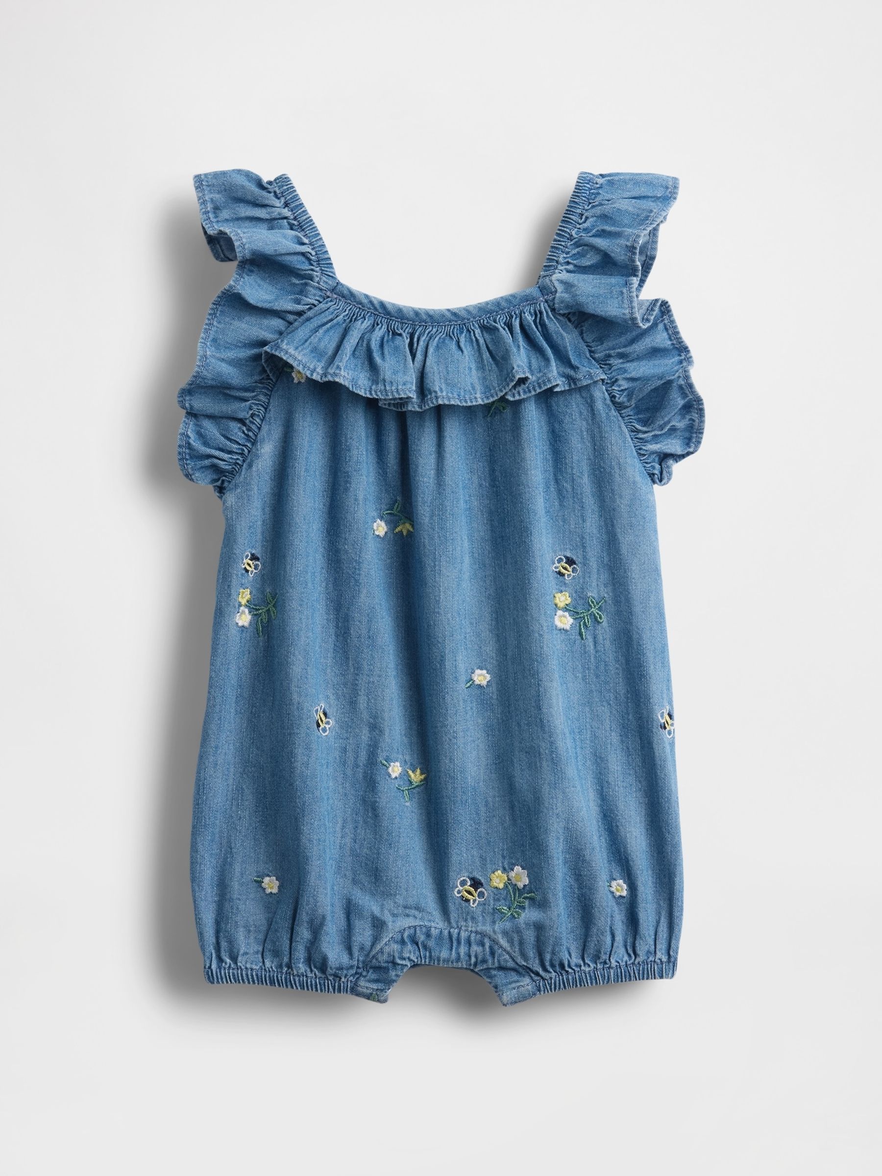 Floral Embroidered Denim Ruffle Short One-Piece - Image 1 of 3