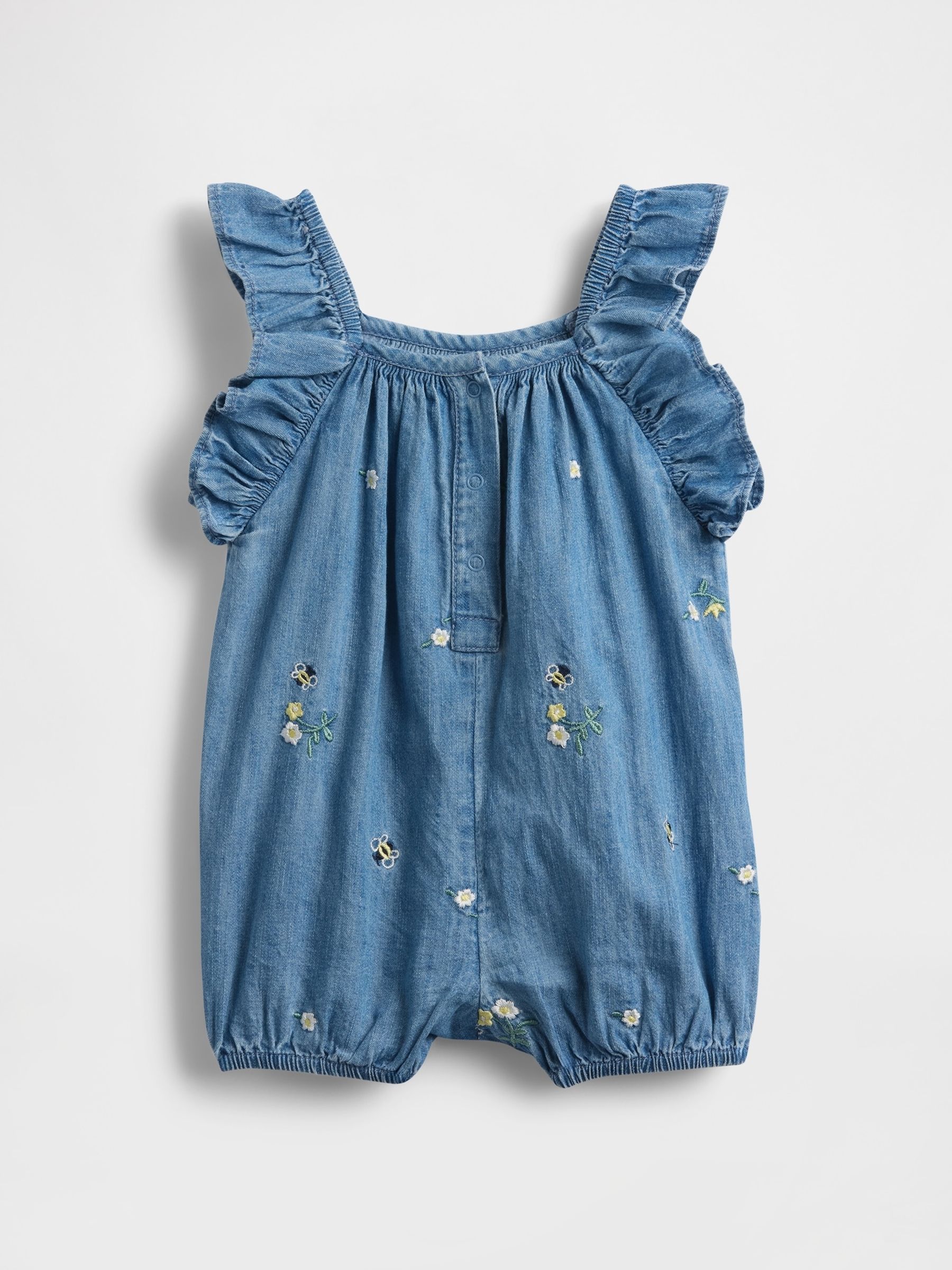 Floral Embroidered Denim Ruffle Short One-Piece - Image 2 of 3