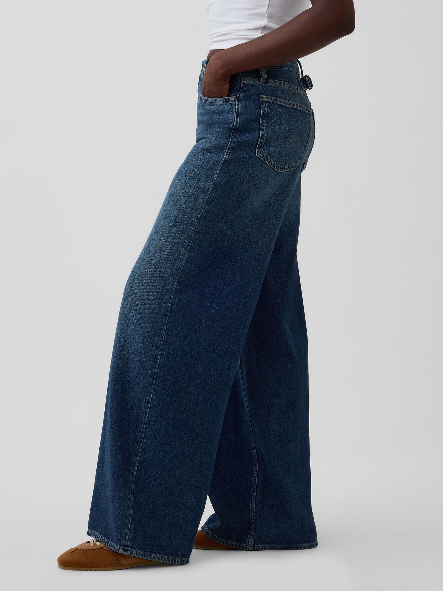 Medium wash Mid Rise UltraSoft Buckle Baggy Jeans - Image 3 of 4