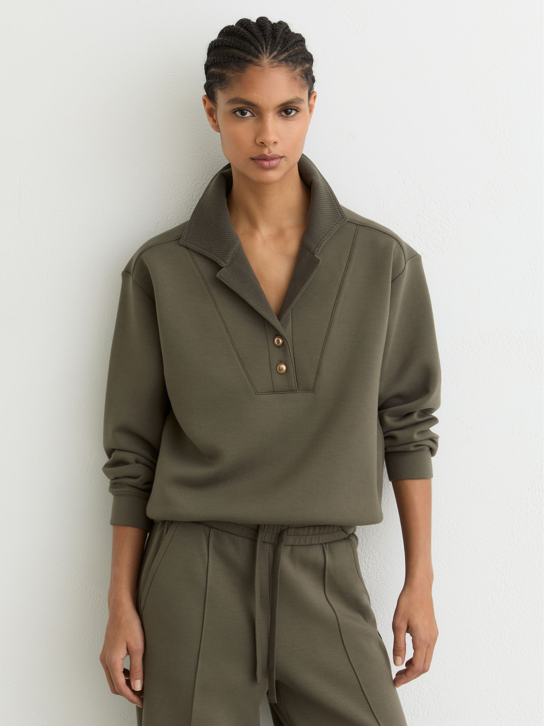 Premium Interlock Collar Sweatshirt in Khaki Green - Image 1 of 6 Premium Interlock Collar Sweatshirt in Khaki Green - Image 1 of 6