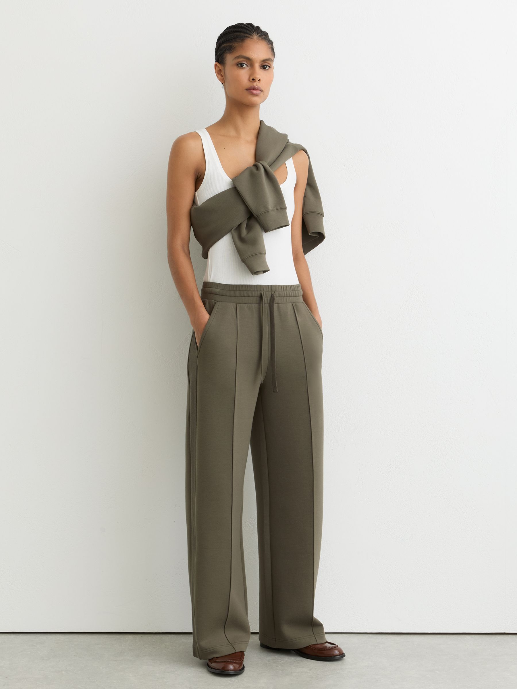 Petite Premium Interlock Wide-Leg Joggers in Khaki Green - Image 2 of 5
