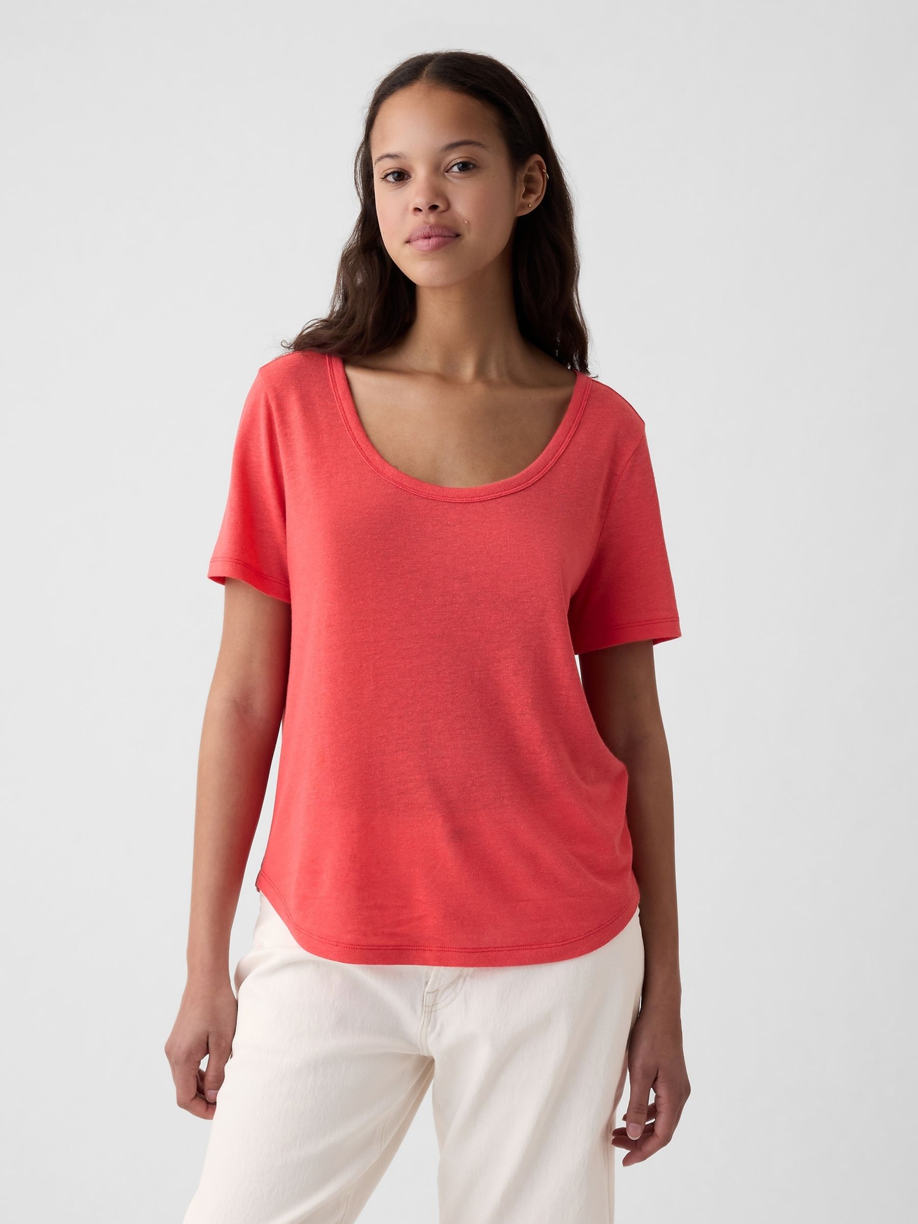 Red Linen Blend Short Sleeve Scoop Neck T-Shirt - Image 1 of 1