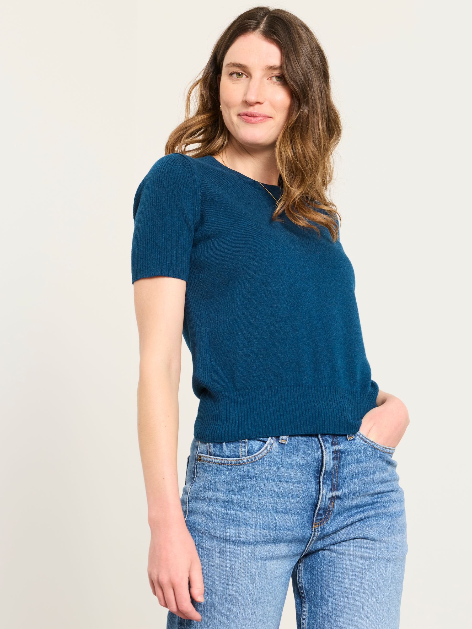 Selene Teal Blue Short Sleeve Knitted Top - Image 1 of 6 Selene Teal Blue Short Sleeve Knitted Top - Image 1 of 6