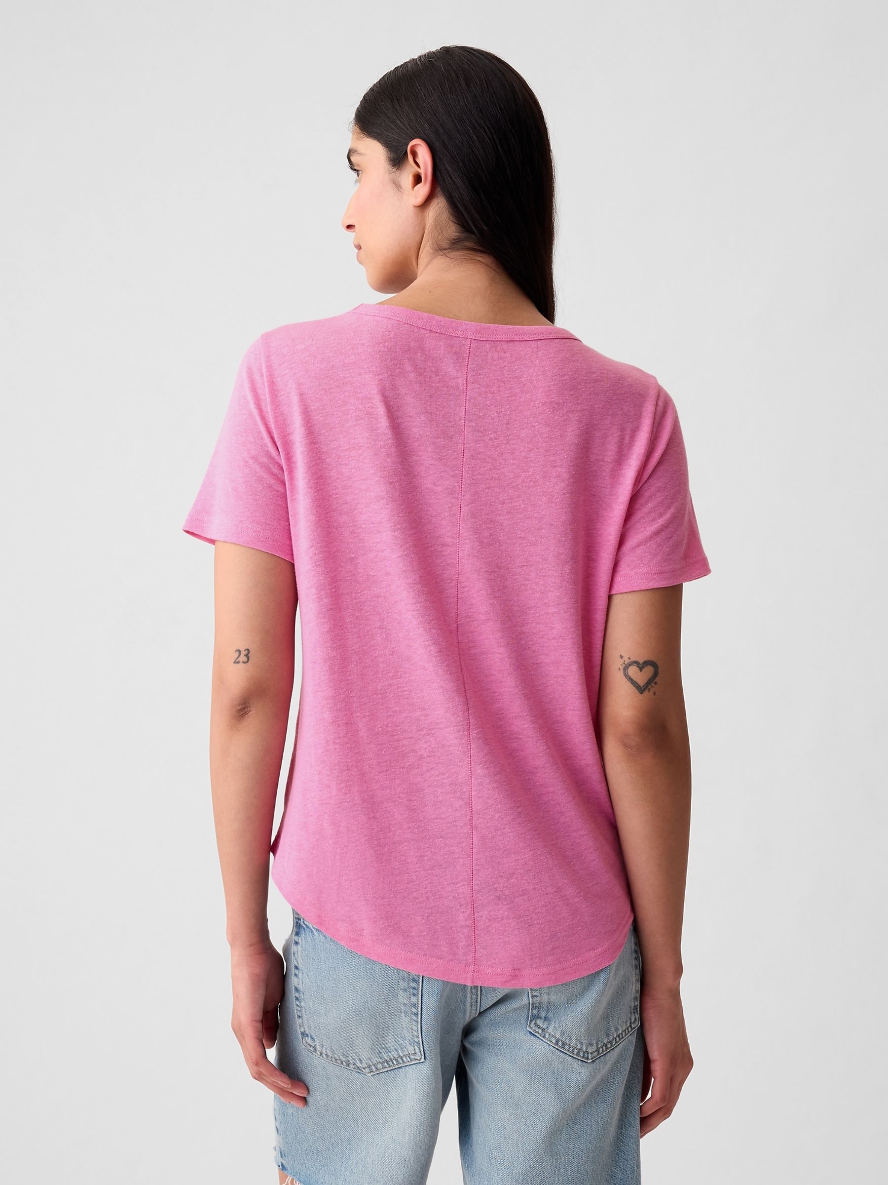 Dark Pink Linen Blend Short Sleeve Scoop Neck T-Shirt - Image 2 of 4